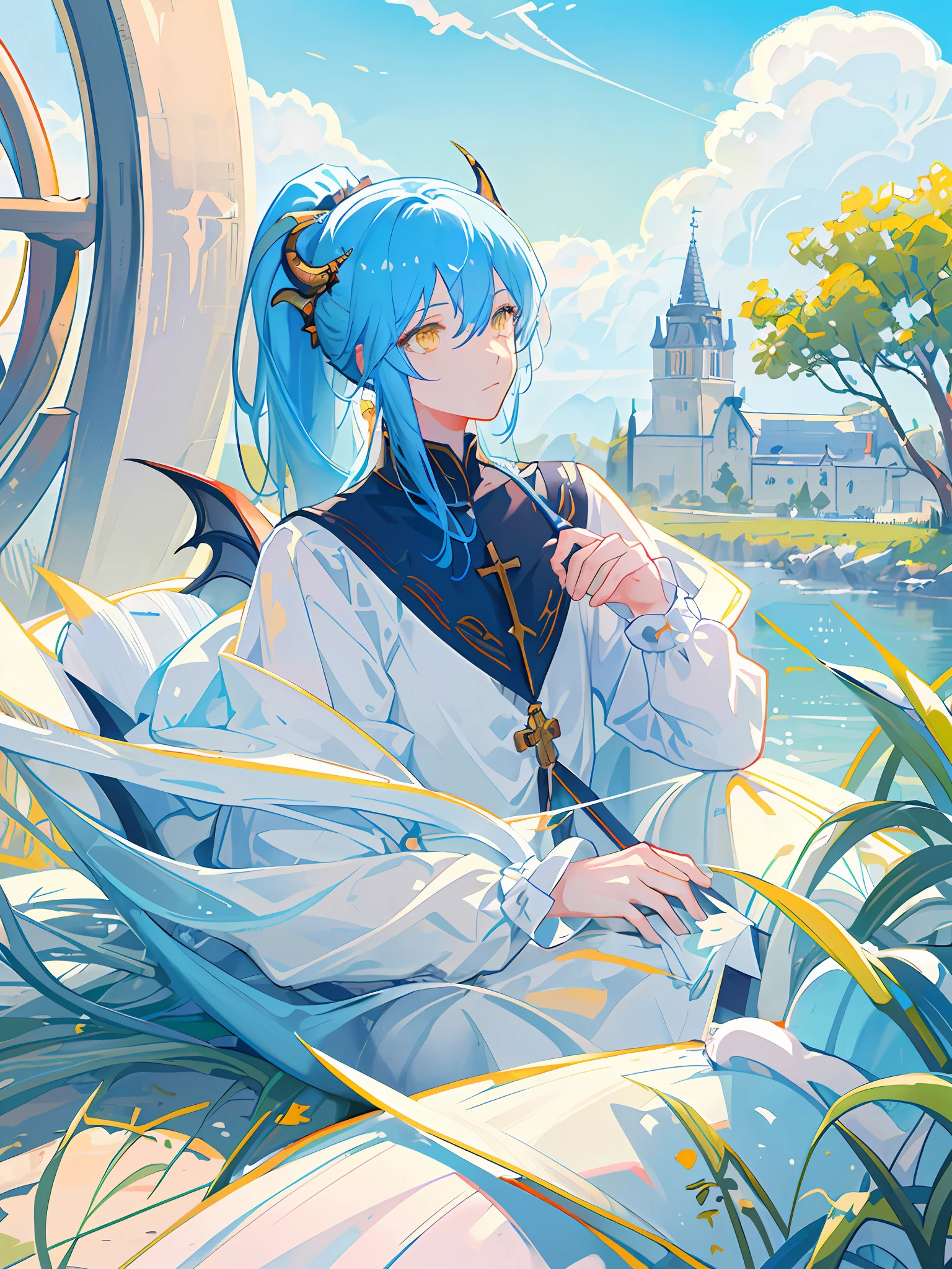 Masterpiece, highest quality, 8k wallpaper, illustration, day, cloudy, sky, sea, beautiful detail sky, light, solo, vishuzo, rough hair, ponytail, sky blue hair, bangs, expressionless, two blue dragon horns, beautiful detail eyes, yellow eyes, sky blue high priest clothes, water master, man, man, boy, church