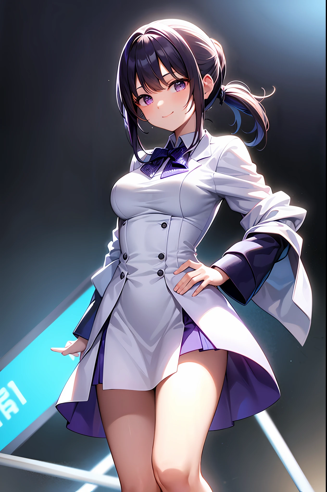 solo, hoshinoai, (16:9, high quality), (1girl:1.2), (solo:1.2), medium_face, indigo hair + high_ponytail, blunt bangs, purple + starry_eyes, smile, Light_face, Medium breasts, slenderwaist, Wide pelvic, thigh gaps, (formal clothes, white + laboratory coat), (black long skirt, black footwear, shoes), Single_earrin, standing, standing straight, (full body), (blurry background), kamen rider, holding a driver