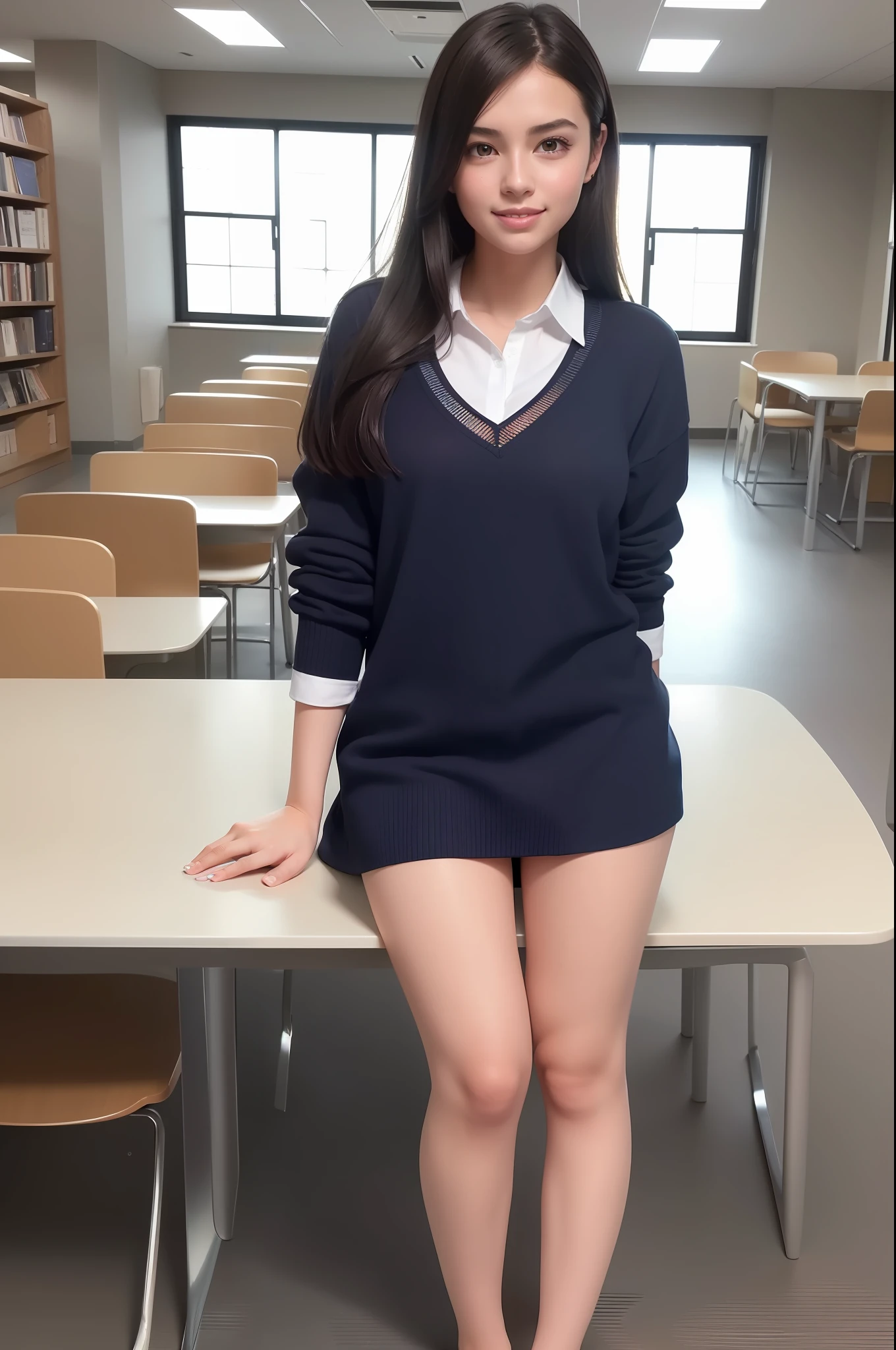 ((full body)), (8k, best quality, masterpiece:1.2), (realistic, photo-realistic:1.37), ultra-detailed, 1 girl,cute, in library, night,sitting, oprn legs, open crotch, glowing skin, glowing thigh, glowing legs, dating,(nose blush),(smile:1.15),(closed mouth) small breasts,beautiful detailed eyes, school uniform, floating hair NovaFrogStyle, full body