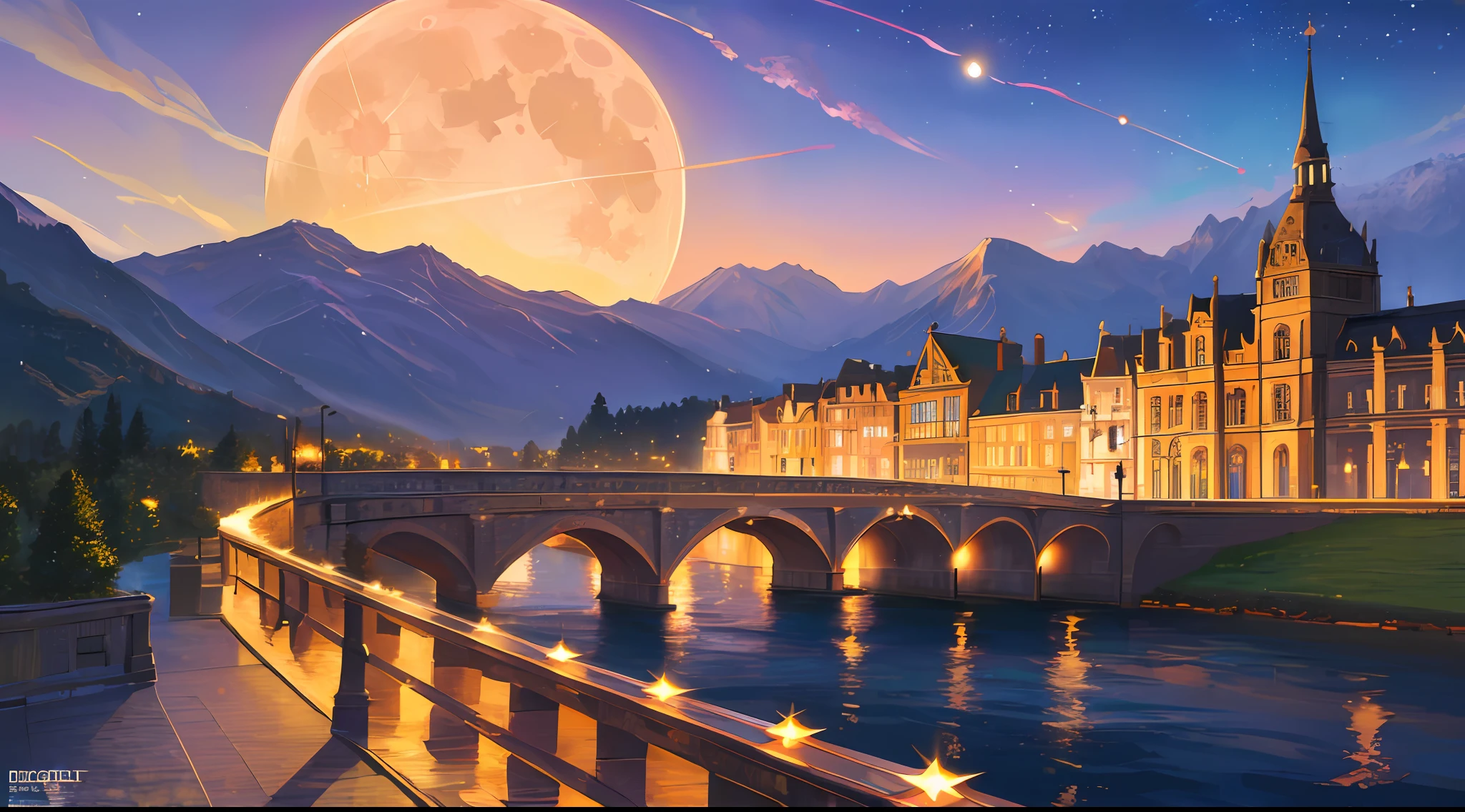 ((masterpiece, best quality, high resolution, super resolution, super detailed, ultra detailed, rich background)), (outdoor), beside river, bridge and river behind, city scenery behind, scenery, nighttime, dark, lowlight, moon, moonlight, dynamic light, shooting star