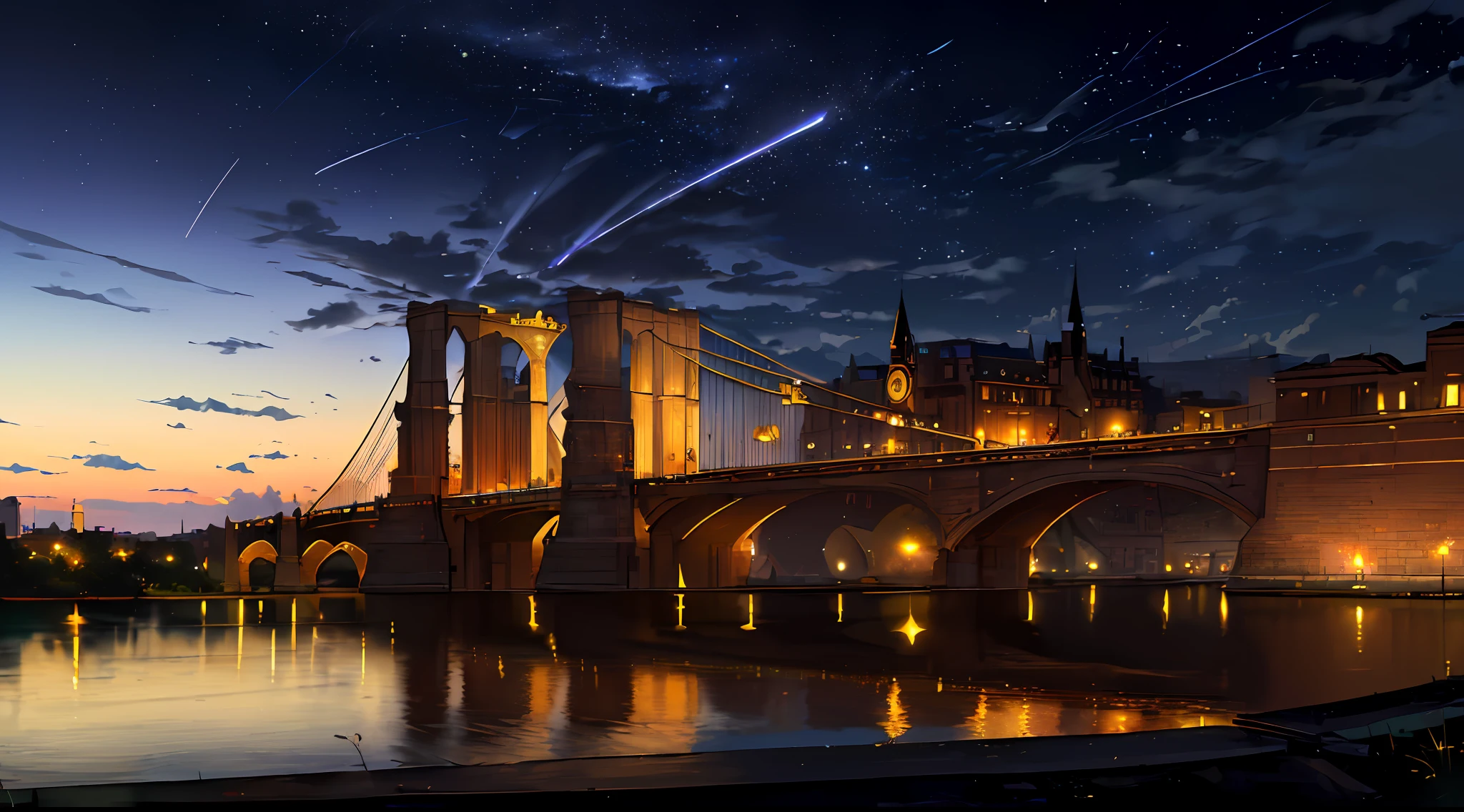 ((masterpiece, best quality, high resolution, super resolution, super detailed, ultra detailed, rich background)), (outdoor), beside river, bridge and river behind, city scenery behind, scenery, nighttime, dark, lowlight, moon, moonlight, dynamic light, shooting star