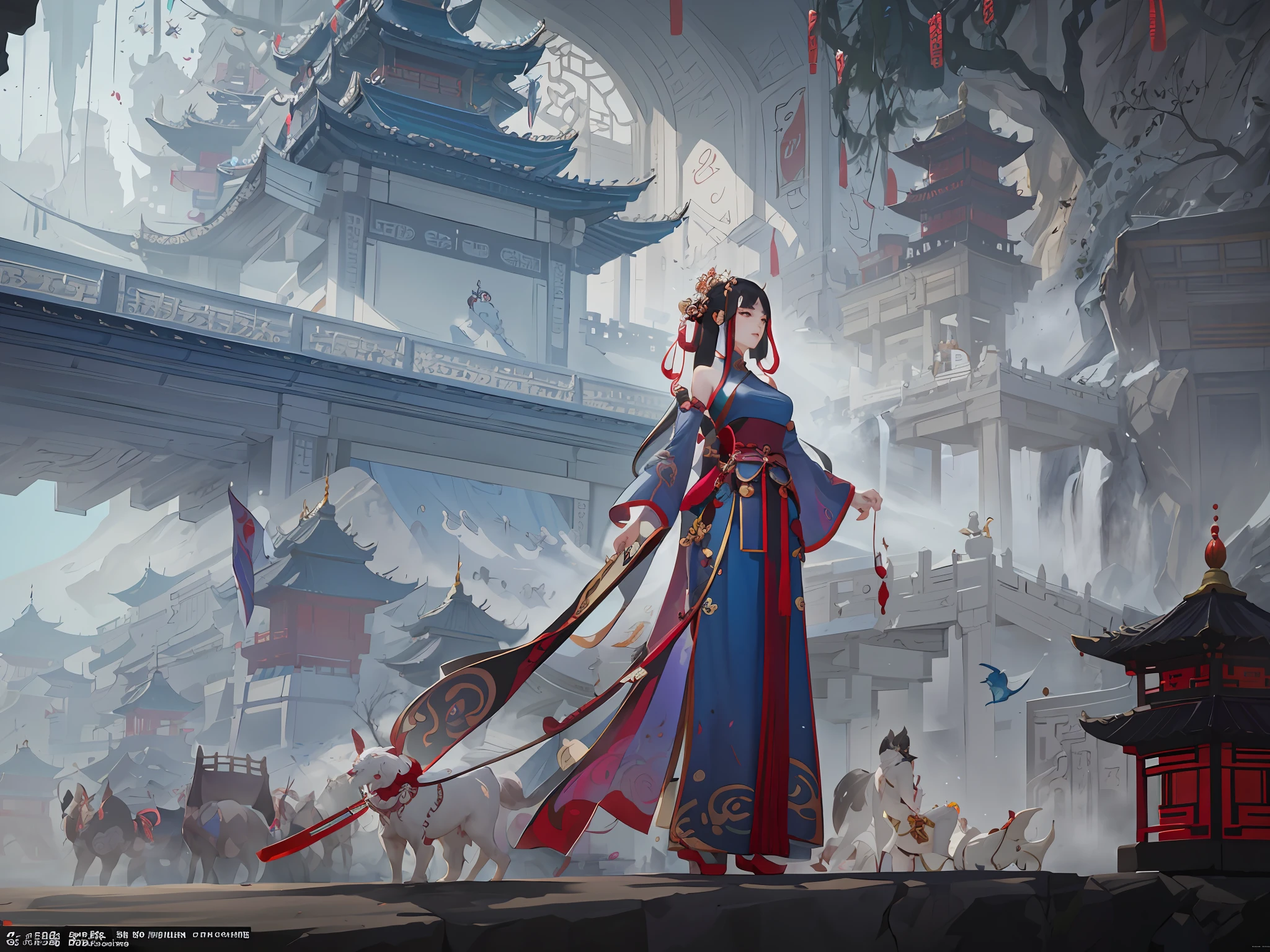 arafed image of a woman in a chinese dress holding a sword, palace , a girl in hanfu, feng zhu concept art, inspired by Fenghua Zhong, wlop and ross tran, chengwei pan on artstation, cushart krenz key art feminine, cgsociety and fenghua zhong, concept art | feng zhu