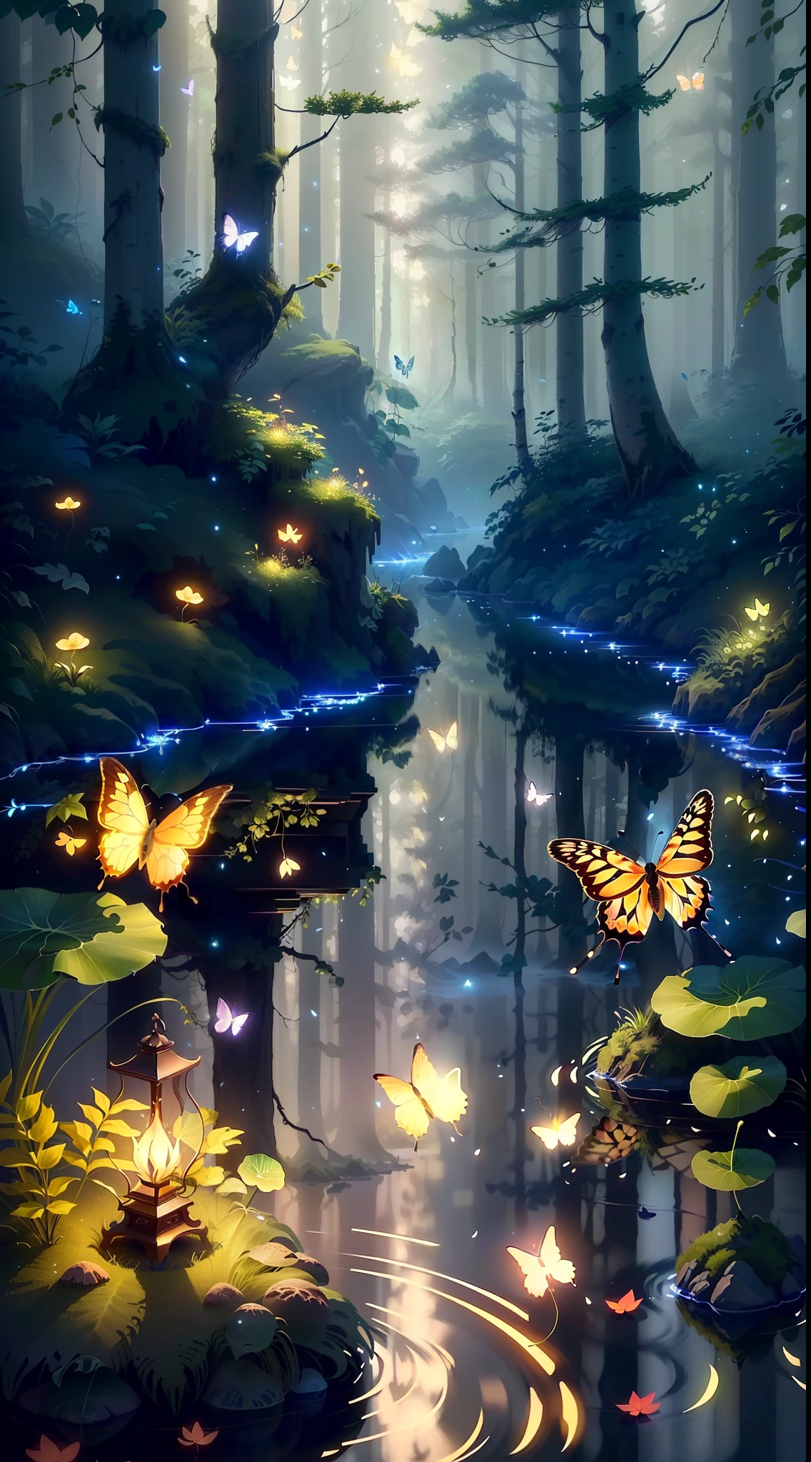 A masterpiece, the best quality, stunning reflections, the best reflections ever. (very detailed CG unity 8k wallpapers), (best quality), (best illustrations), (best shadows), forest theme with natural elements. Tall trees, quiet streams, small glowing mushrooms surrounded by delicate leaves and branches, with fireflies and glowing particle effects,, (natural elements), (jungle theme), (leaves), (twigs), (fireflies), butterflies, (delicate leaves), (glow), (particle effects). , Isometric 3D, Octane Rendering, Ray Traced, Super Detailed