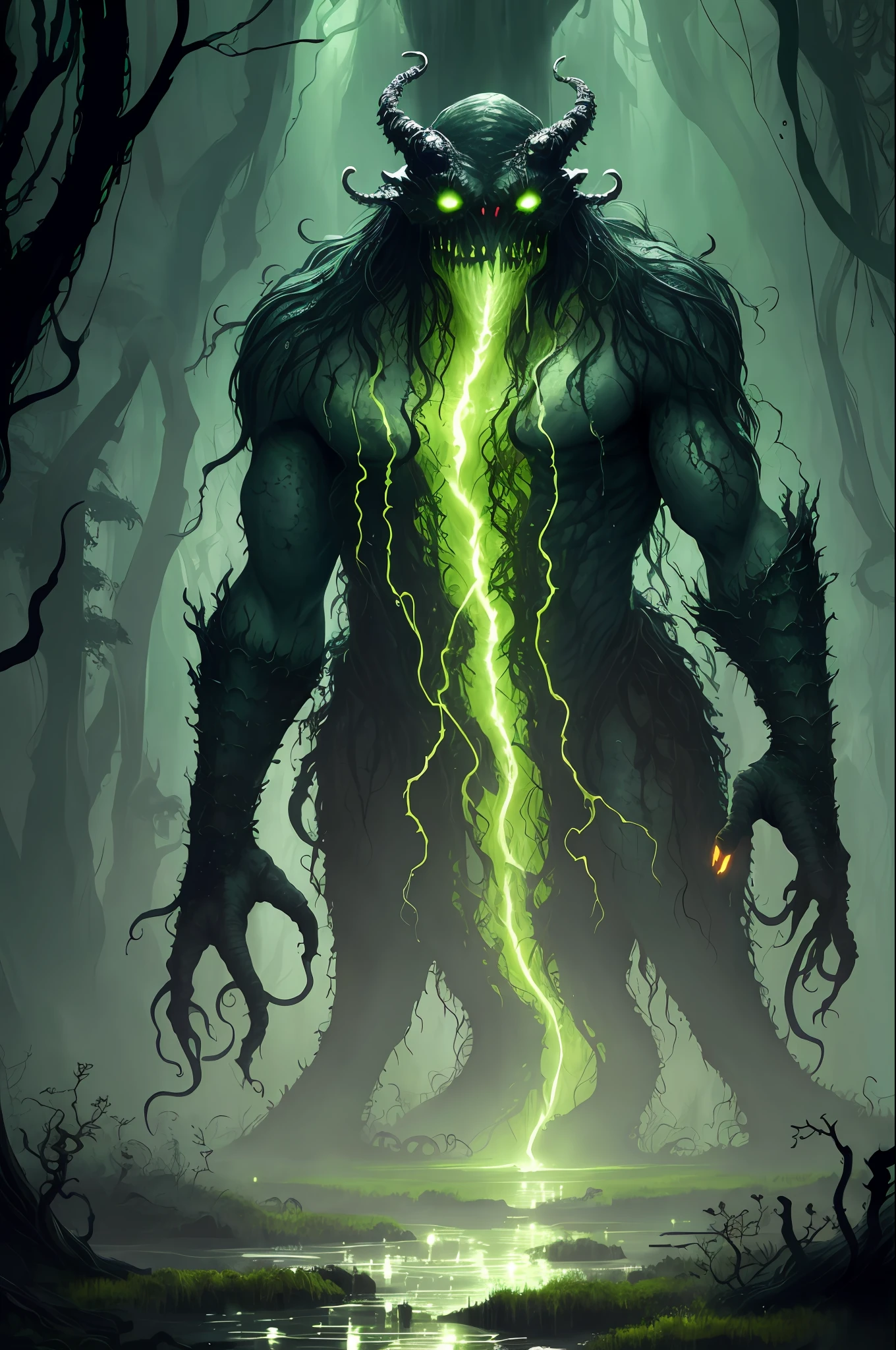 dark swamp eldritch monster rising out of the water moss slime vines tentacles fireflies midnight moonlight backlight (masterpiece:1.2) (illustration:1.2) (best quality) (detailed) (intricate) (8k) (HDR) (wallpaper) (cinematic lighting) (sharp focus)