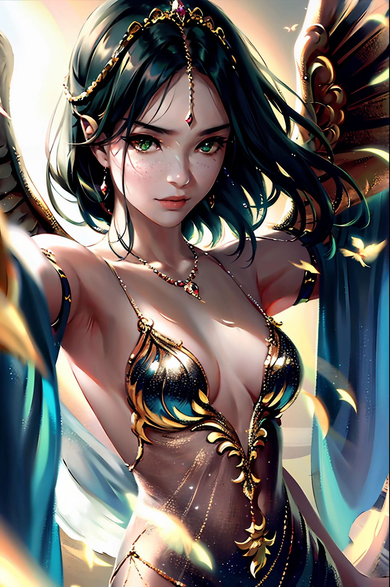 Masterpiece, best quality, beauty portrait, small breasts, intricate dress, sadness, golden eyes, realism, masterpiece, archangel, angel wings, silk dress, wind, fantasy, ((wlop painting)) from artstation, Glitter jewels, glare, rainbow colors, global illumination, real hair movement, realistic light, realistic shadows, side view, ((perspective)), soft light, dreamy light, perfect eyes, background 4k, romantic, high detail , crown, gold and gems