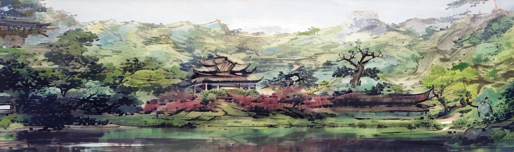 Trees and shrubs around the pond, Aiwan Pavilion, ancient resting pavilion, anime style scenery, Hayao Miyazaki, highest quality, sparks, shining, scenery, no humans, sky, clouds, outdoors, sunset, far away, serene landscape, chinese garden, chinese garden, traditional pavilion, nobody, landscape, water, sky, daytime, trees, clouds, waterfall, outdoors, architecture, nature, river, blue sky
