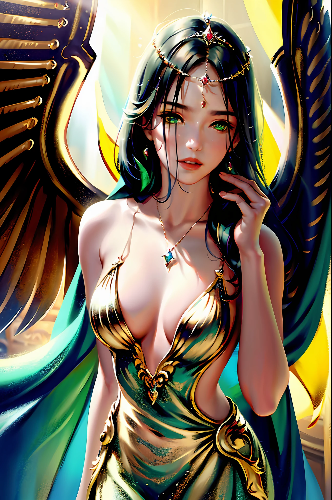 Masterpiece, best quality, beauty portrait, small breasts, intricate dress, sadness, golden eyes, realism, masterpiece, archangel, angel wings, silk dress, wind, fantasy, ((wlop painting)) from artstation, Glitter jewels, glare, rainbow colors, global illumination, real hair movement, realistic light, realistic shadows, side view, ((perspective)), soft light, dreamy light, perfect eyes, background 4k, romantic, high detail , crown, gold and gems