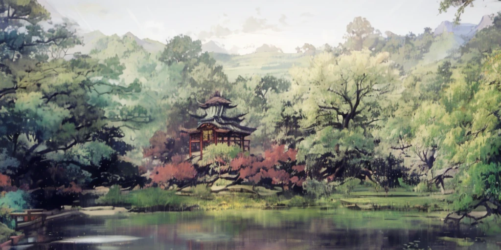 Trees and shrubs around the pond, Aiwan Pavilion, ancient resting pavilion, anime style scenery, Hayao Miyazaki, highest quality, sparks, shining, scenery, no humans, sky, clouds, outdoors, sunset, far away, serene landscape, chinese garden, chinese garden, traditional pavilion, nobody, landscape, water, sky, daytime, trees, clouds, waterfall, outdoors, architecture, nature, river, blue sky