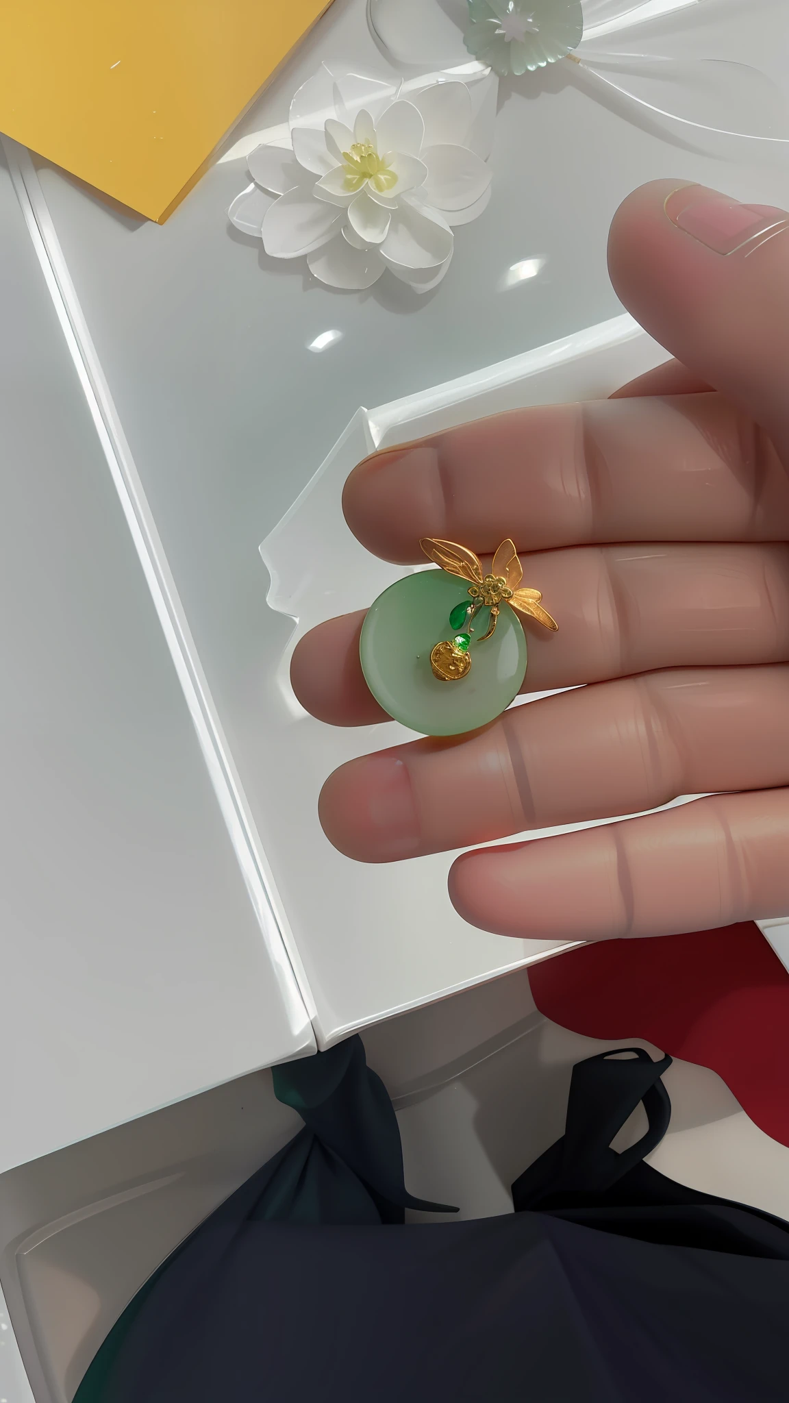 ((1 person)), holding a green jade ring pendant with a golden bee on it, (gem*1.2), (Hungry Ghost Festival*1.1), green jewelry*1.2, high-definition quality (8k)| (9k) , like a radiant emerald, full of brilliance, (4k, 8k, 12k, 16k*1.2), pay attention to the bright part of the picture*1.3, such as fine