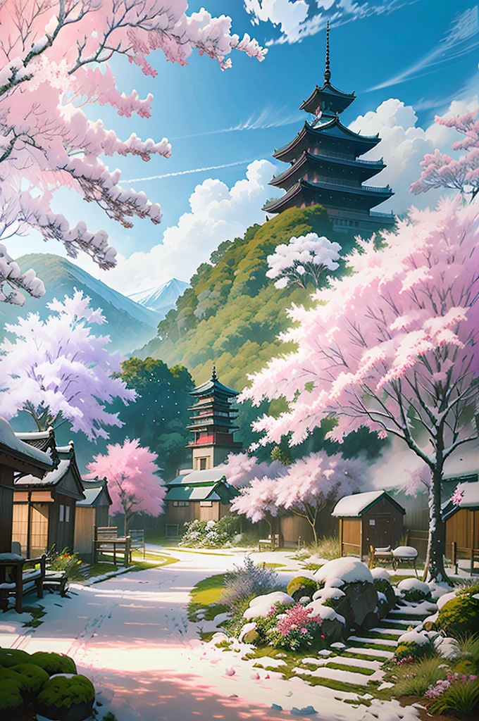 (((Change image to winter season))), (((snow covered))) (((snow))) Anime - Paintings in the style of a garden with blooming trees and benches, anime background art, anime landscape concept art, beautiful anime scenery, Japanese art style, dreamy Chinese towns, beautiful anime scenes, realistic anime three-dimensional style, anime scenery, traditional Japanese conceptual art, anime backgrounds, beautiful anime artwork, beautiful digital artwork, drawn in the studio of an animated manga artist.