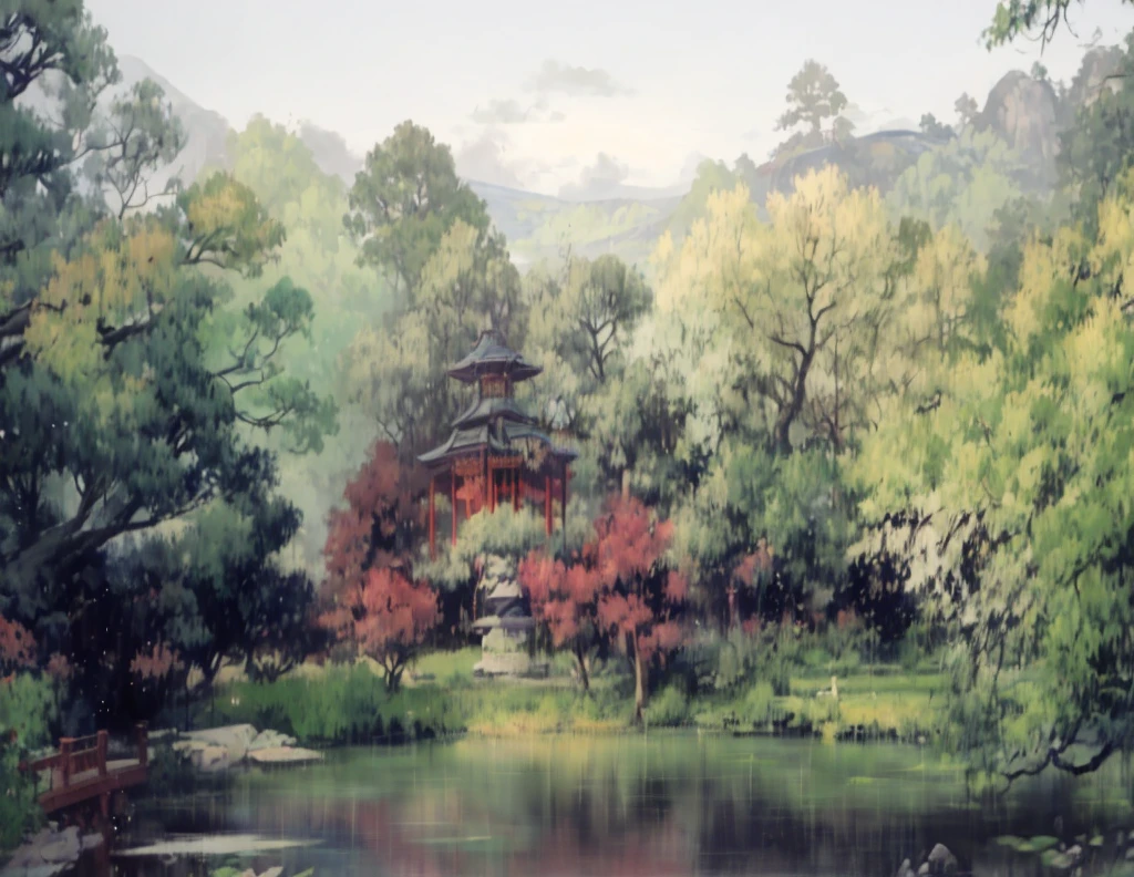 Trees and shrubs around the pond, Aiwan Pavilion, ancient resting pavilion, anime style scenery, Hayao Miyazaki, highest quality, sparks, shining, scenery, no humans, sky, clouds, outdoors, sunset, far away, serene landscape, chinese garden, chinese garden, traditional pavilion, nobody, landscape, water, sky, daytime, trees, clouds, waterfall, outdoors, architecture, nature, river, blue sky