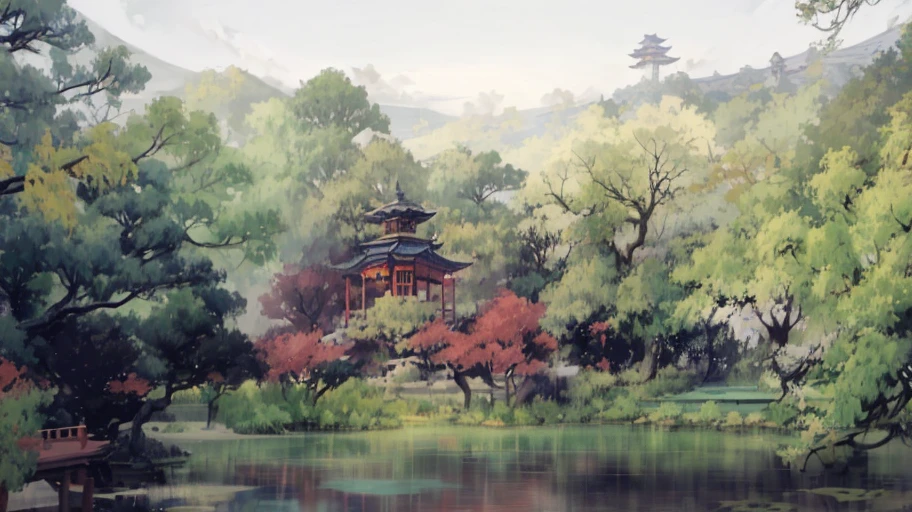Trees and shrubs around the pond, Aiwan Pavilion, ancient resting pavilion, anime style scenery, Hayao Miyazaki, highest quality, sparks, shining, scenery, no humans, sky, clouds, outdoors, sunset, far away, serene landscape, chinese garden, chinese garden, traditional pavilion, nobody, landscape, water, sky, daytime, trees, clouds, waterfall, outdoors, architecture, nature, river, blue sky