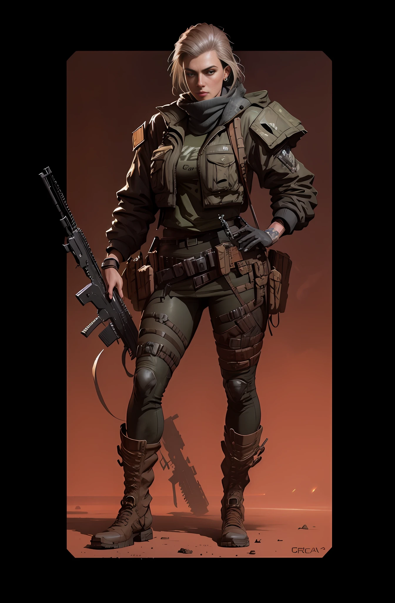 Closeup of a woman with a gun and rifle, detailed full body concept art, concept art like Ernest Halimov, cyberpunk soldier, Greg Rutkowski concept art, amazing 8k Character concept art, expert high detail concept art, Craig Mullins style, epic sci-fi character art, 8k character concept art, wasteland punk