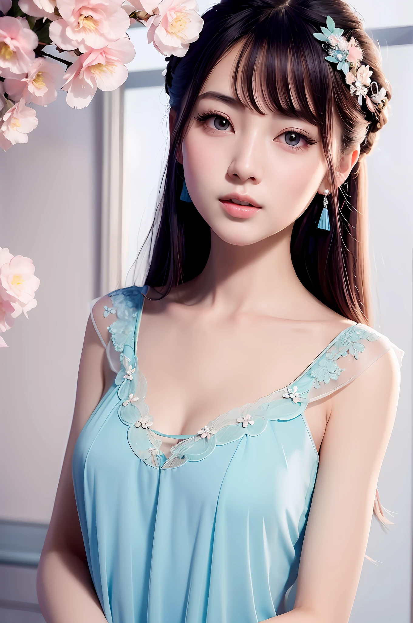 Gentle and charming Chinese beautiful woman, half-length photo, delicate and sexy collarbone, charming oval face, double eyelids, vivid peach blossom eyes, pink lips, small nose, bare shoulders, focused face, face close-up, ultra-high-definition, Super detailed and standing gracefully, this sky blue crystal embellished pleated chiffon lace mini dress is cut from billowy chiffon with delicate lace trims at the sleeves and neckline.