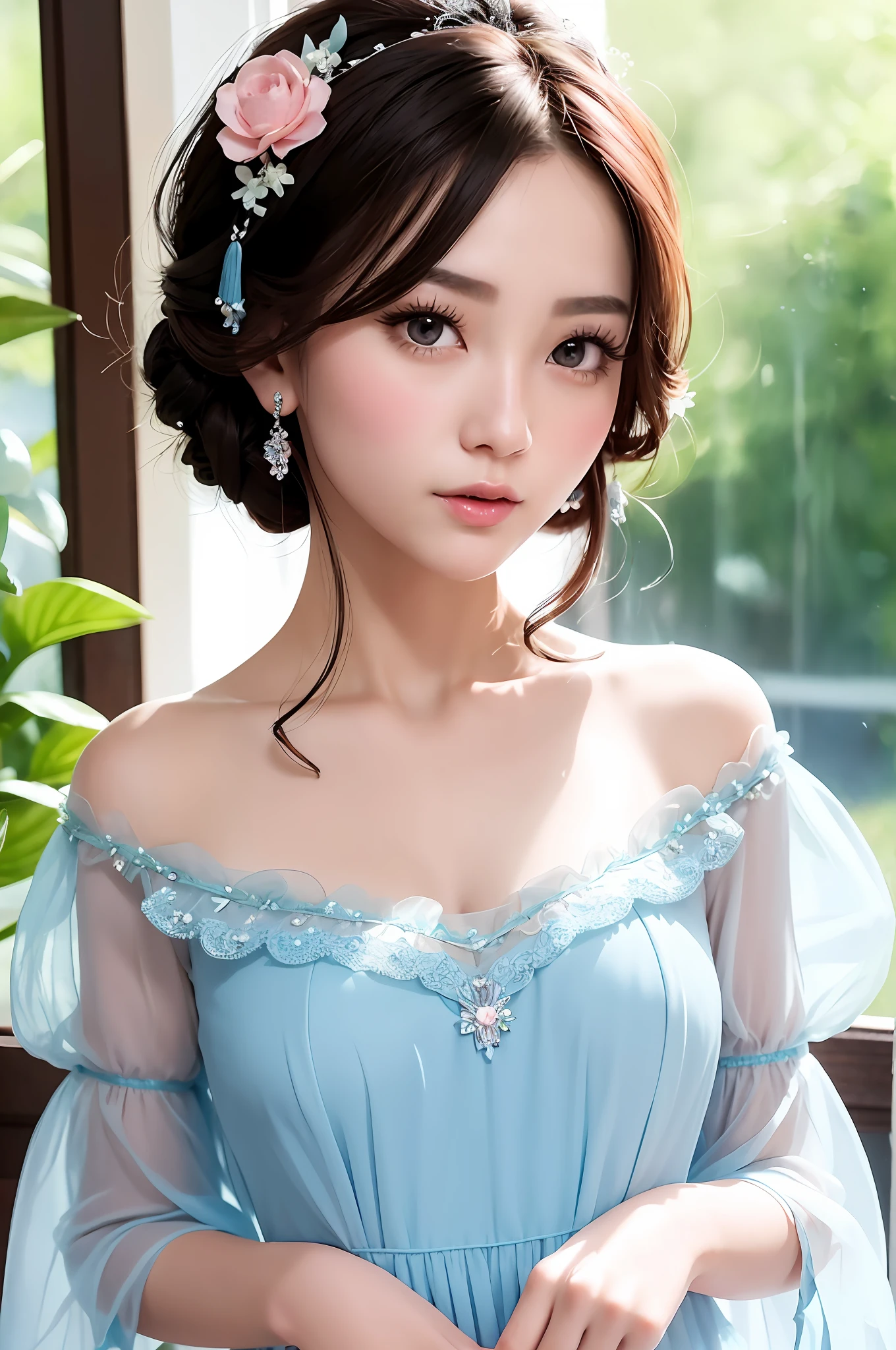 Gentle and charming Chinese beautiful woman, half-length photo, delicate and sexy collarbone, charming oval face, double eyelids, vivid peach blossom eyes, pink lips, small nose, bare shoulders, focused face, face close-up, ultra-high-definition, Super detailed and standing gracefully, this sky blue crystal embellished pleated chiffon lace mini dress is cut from billowy chiffon with delicate lace trims at the sleeves and neckline.