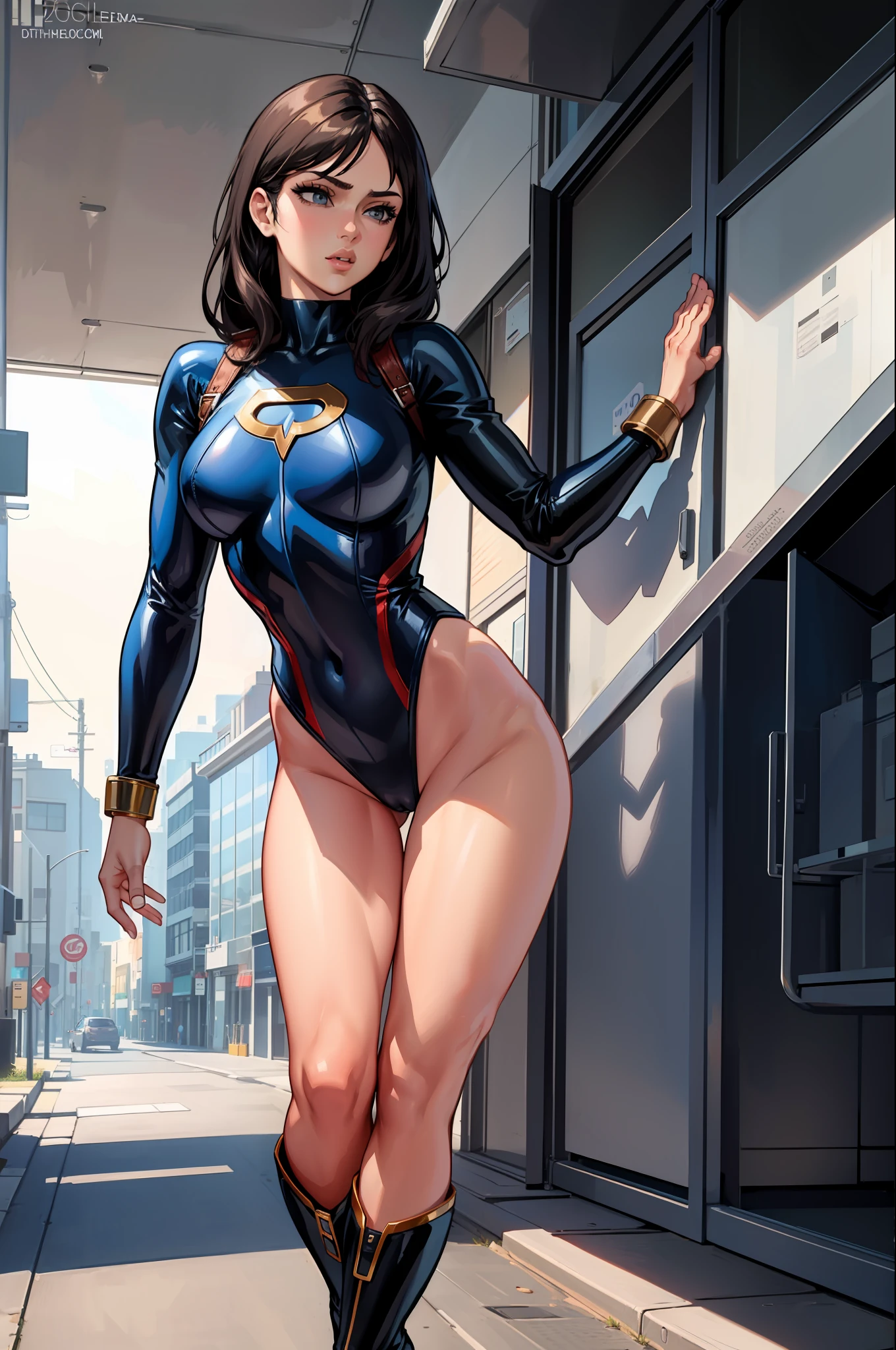 masterpiece, best quality, female, superhero, leotard, bare legs, boots, standing