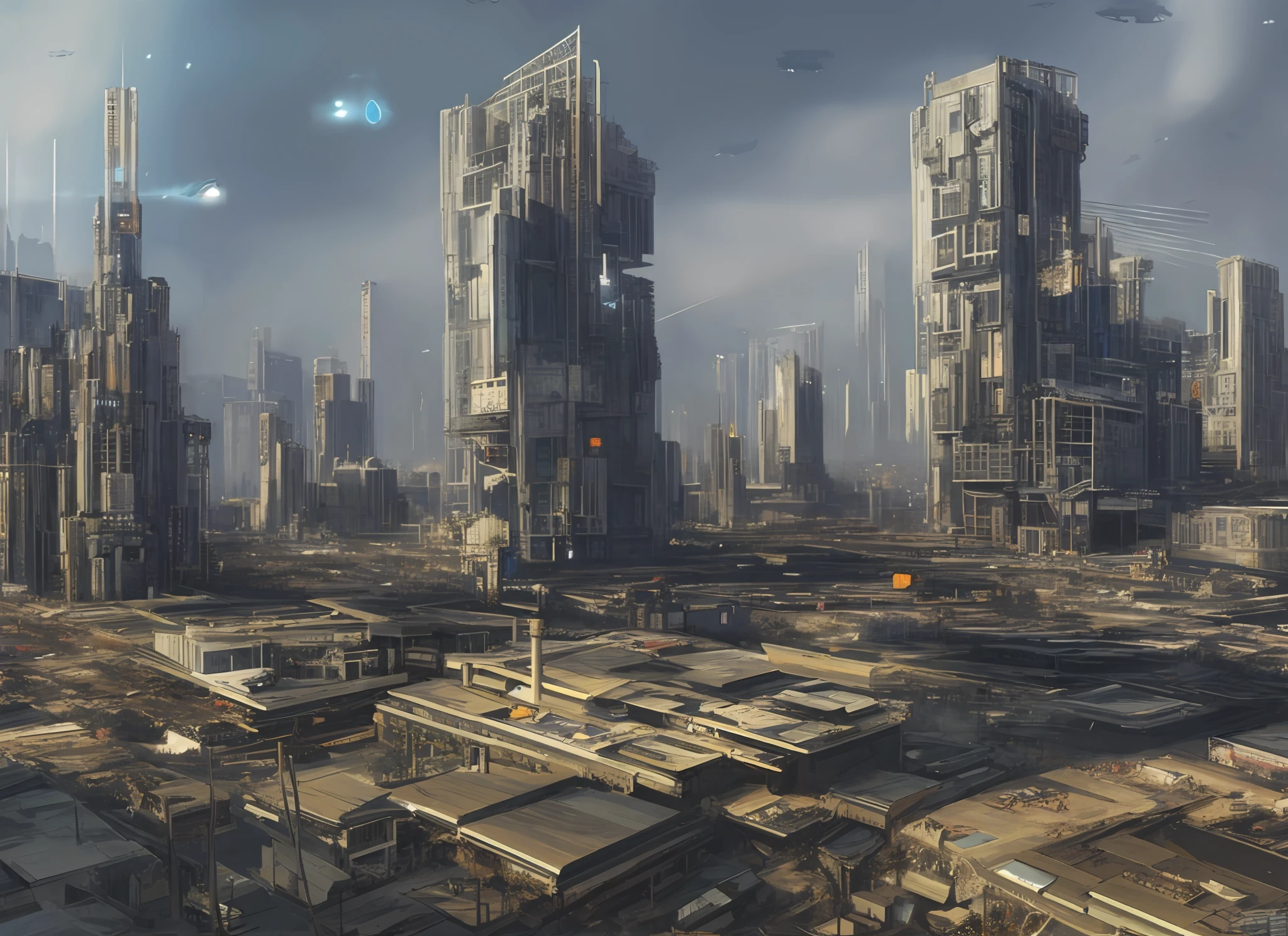 Futuristic city with many tall buildings and many cars, city skyline, future dystopian city, dystopian city, dystopian cyberpunk city,