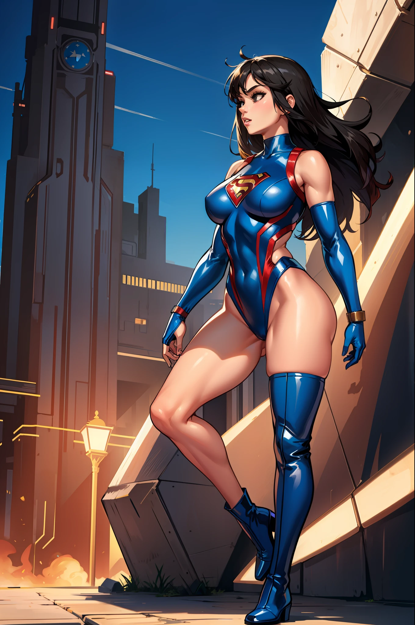 masterpiece, best quality, female, superhero, leotard, bare legs, boots, standing