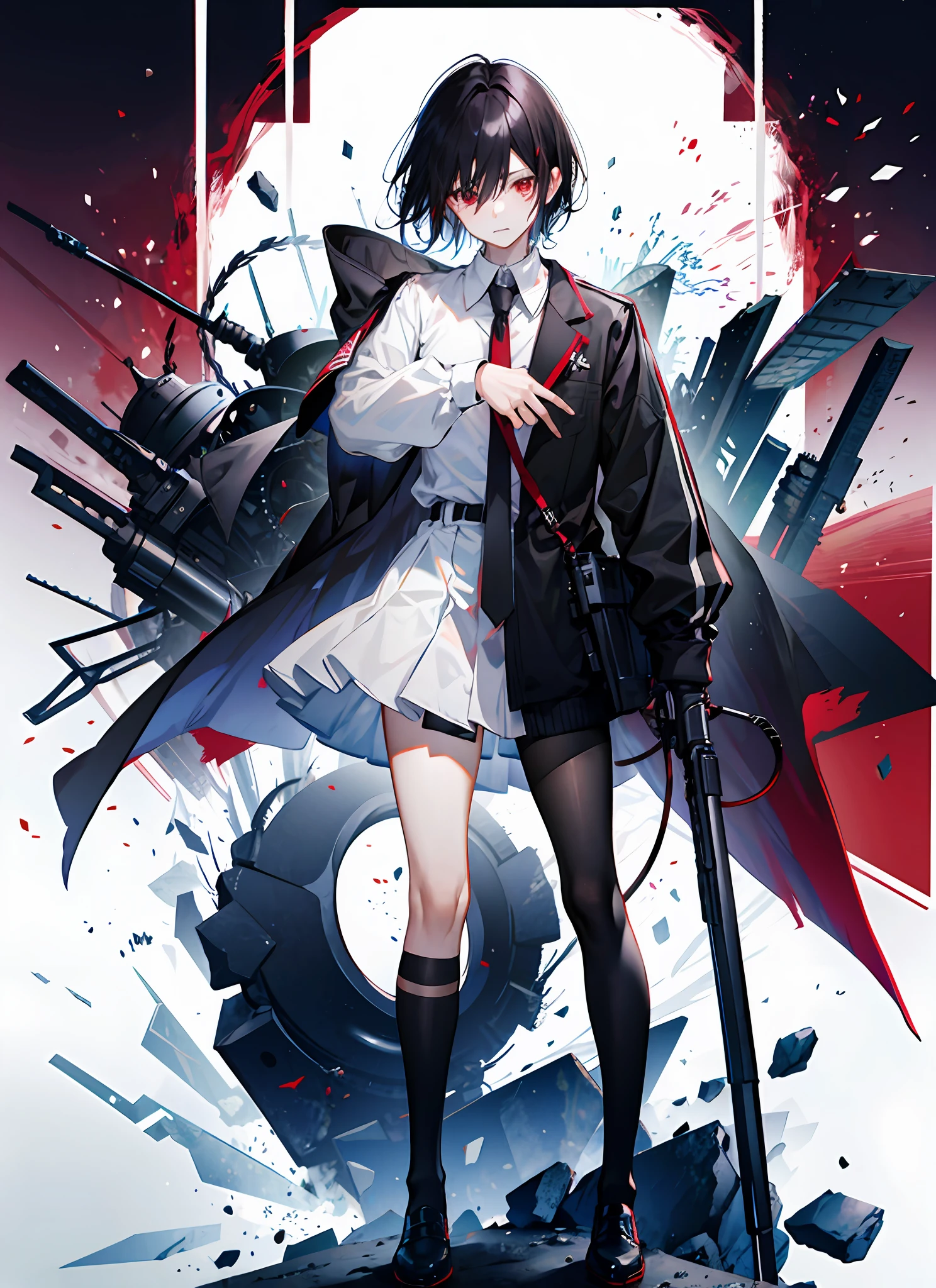 Male, men, black hair, black cloth, red eyes, high resolution, holding gun, cry, dark skin, short wavy hair, standing, look front, tear, zoom to face,