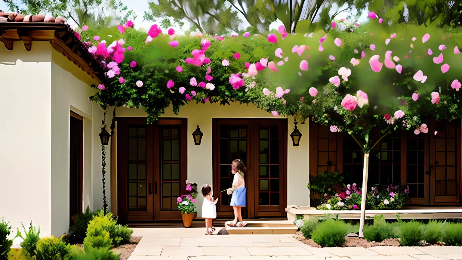 /imagine prompt: A three story modern style small western-style building with a large courtyard in front of it. The walls of the courtyard are covered with roses, and there are several fruit trees in the corner. Under the trees, two girls play on a swing with their little brothers, while their parents sit at a nearby stone table carrying vegetables. In the vegetable field in the corner, several butterflies dance gracefully, surreal photography, soft light, realistic - --q 2 --v 4