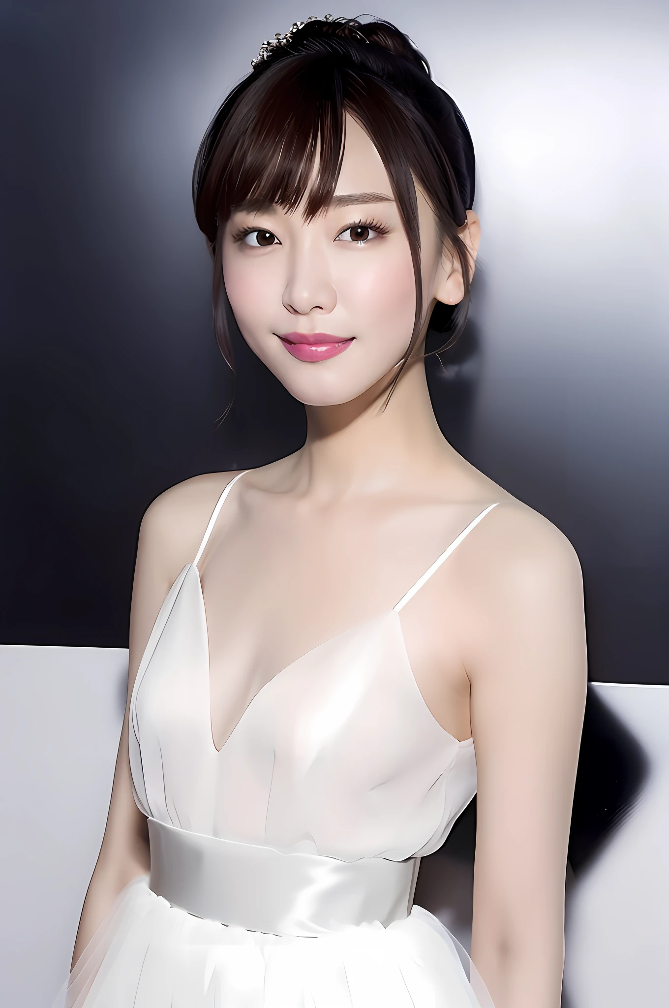 Gentle and charming Chinese beautiful woman, half body photo, delicate and ???? collarbone, charming oval face, double eyelids, smart peach blossom eyes, pink lips, small upturned nose, ???? shoulders, focused face, face close-up, ultra-high-definition, Super detailed and standing gracefully, this white crystal embellished tulle-trimmed taffeta mini dress with sparkling crystals on the taffeta skirt features a sheer tulle paneled cutout with revealing skin and is braless.