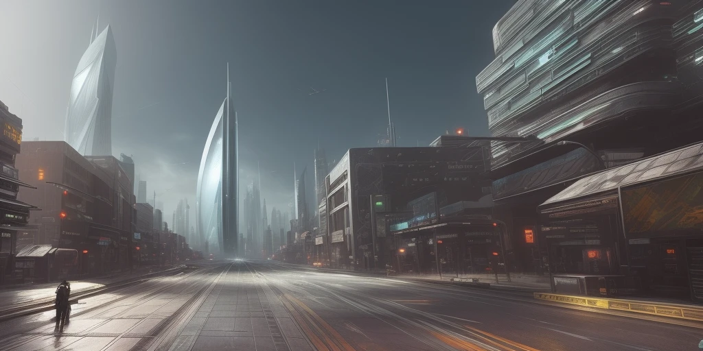 There is a photo of a city street with a very tall landmark building, glass landmark building, futuristic city street, straight highway, futuristic dystopian city, fantasy sci-fi city, futuristic cityscape photo, futuristic cityscape, futuristic street, futuristic city, sci-fi city, cyberpunk city in the future, hyper futuristic city, sci-fi city, futuristic cityscape, dystopian digital concept art, dystopian art, 4k concept art, 4k concept art, dystopian art, drama concept art , The Division, Doomed City