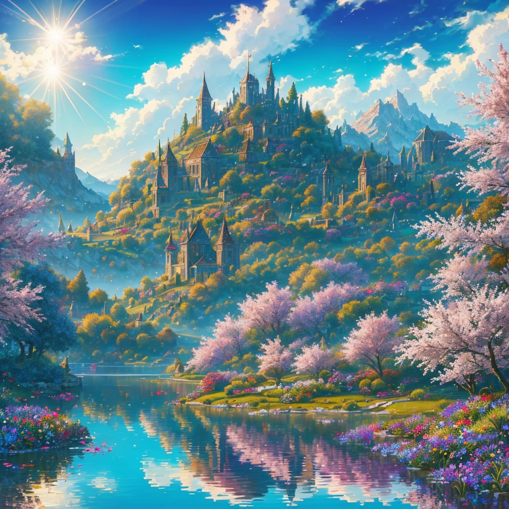artstation style illustration, dark fantasy landscape,  flower petals, lake, hedge in background, reflections, ruins, best quality, masterpiece, lens flare , high contrast, saturated colors, Style-Glorious