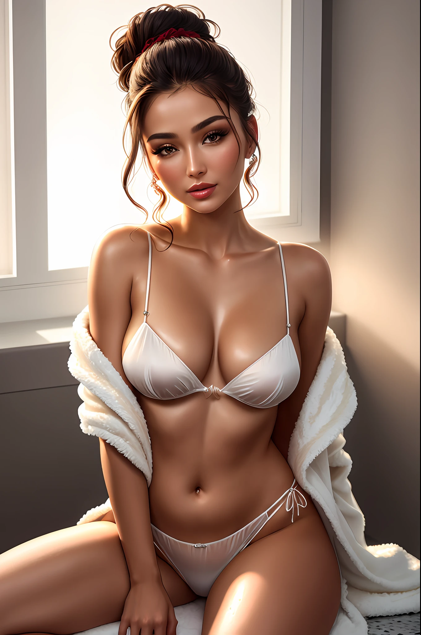 A stunning uzbek girl, flirty, sits in a bathroom, untied chiffon dressing gown, messy bun, voyeuristic, intimate, soft light, warm glow on her face and body, focused, skin and hair, soothing, high-detail skin, hdr, 1girl, (medium breasts:1.1), (tall female), (slim figure:1.1), plump lips, double eyelid, wet skin