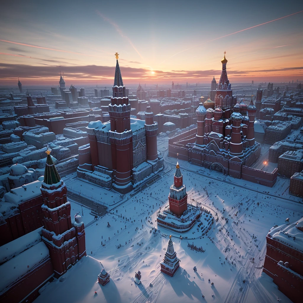 "A magnificent landscape of Moscow's Red Square appears on your screen, Tintin and Snowy stand in the foreground. Suddenly a space rocket lands very close to them, creating a futuristic and mysterious atmosphere. The intense colors and the particular light of sunset amplify the magical and fantastical effect of the scene."