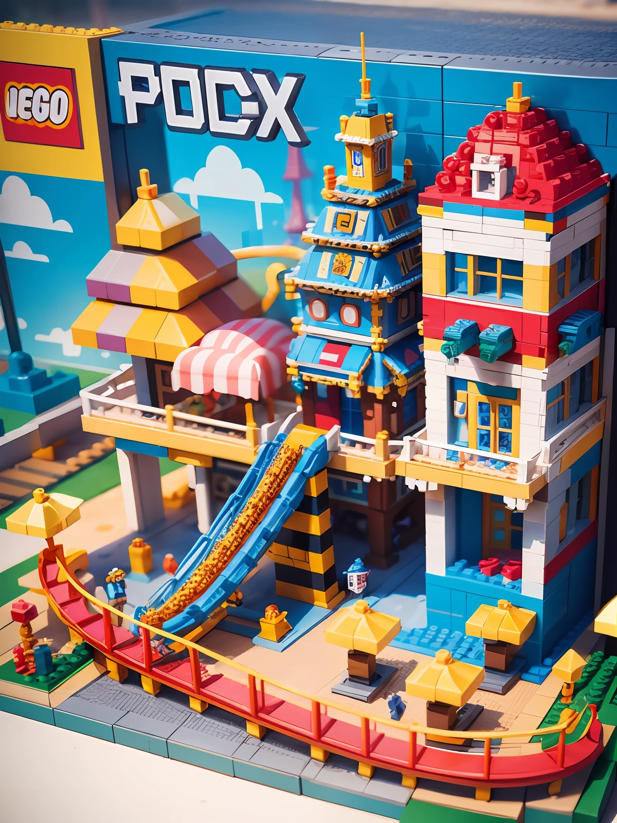Lego style, amusement park scene, rich color matching, blind box style, toy model, voxel, very detailed, super high resolution, 8K UHD --v 6