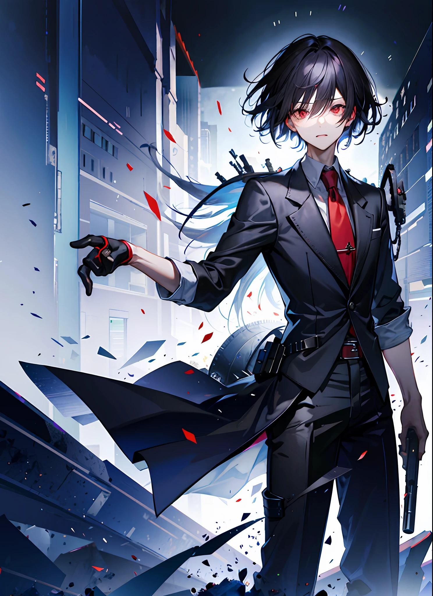 Young men, black hair, black cloth, red eyes, high resolution, holding gun, cry, dark skin, short Curly hair, standing, look front, tear, head only, mysterious,