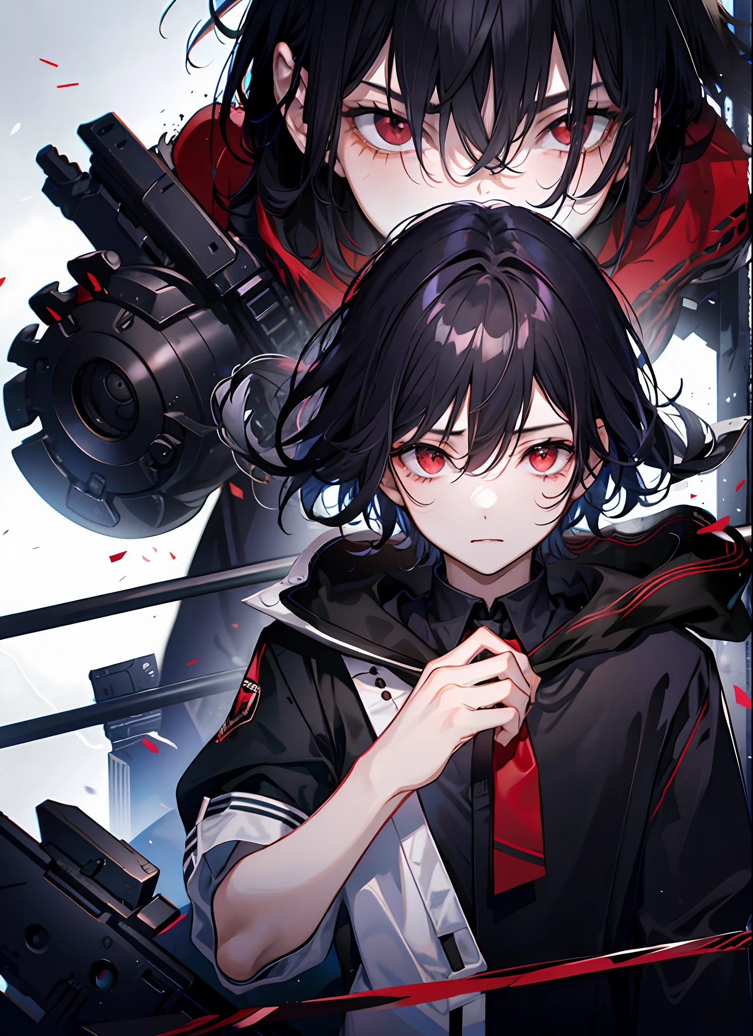 Young men, black hair, black cloth, red eyes, high resolution, holding gun, cry, dark skin, short Curly hair, standing, look front, tear, head only, mysterious,