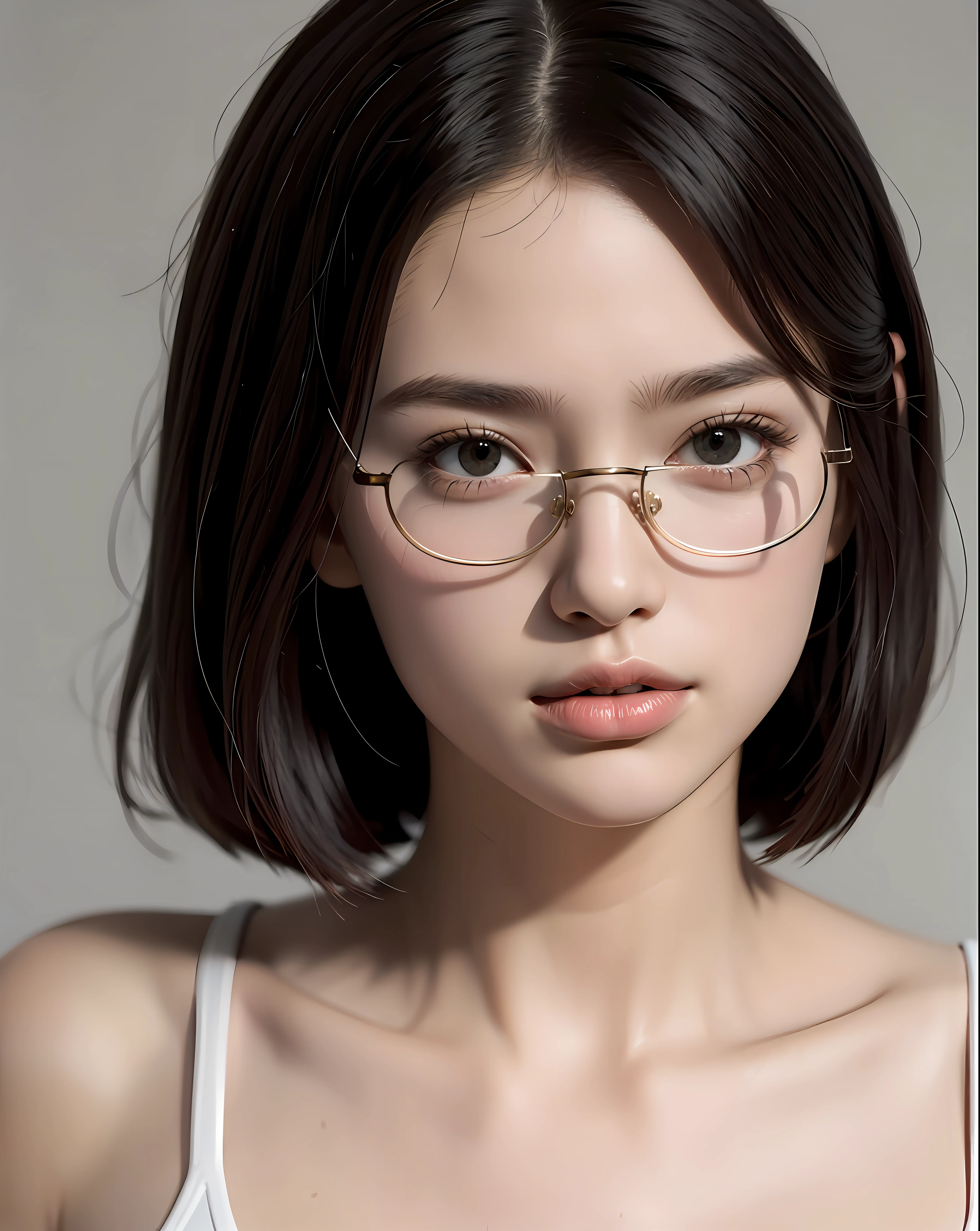 1 Girl in School Gym, Detailed Clothes, Light and Slim Gym Clothes, (Delicate Illustration: 1.4), (Masterpiece: 1.0), (Best Quality: 1.4), (Ultra High Resolution: 1.2), (Photorealistic : 1.4), (8k, RAW photo: 1.2), (soft focus: 1.4), (18 years old: 1.3), (sharp focus: 1.4), beautiful detailed face, (short hair), round glasses