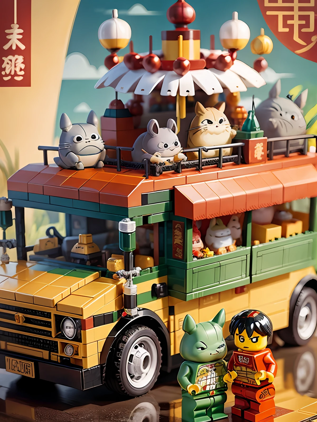 totoro catbus postcard, LEGO chinese new year scene, highly detailed, ultra high resolution, 8K UHD --v 6