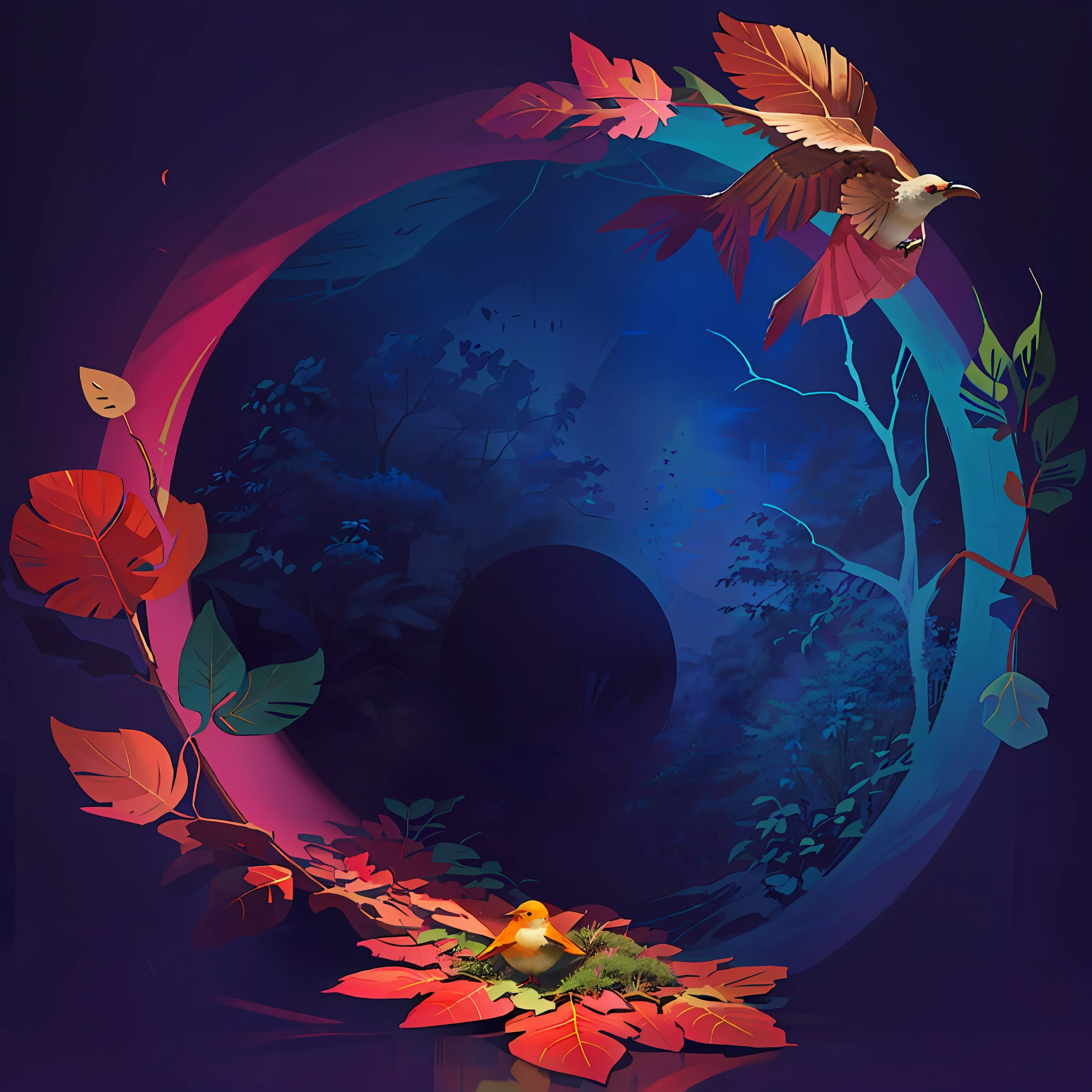 There is a round frame, round wooden frame with a bunch of leaves and a bird, beautiful digital artwork, 3d render stylized, leaves and magic, stylized 3d render, stylized digital art, very beautiful digital art , fantastic magical vegetation, stylized for 3d render, magical fairytale background, 3d art render, cycles4d render, 3d render digital art