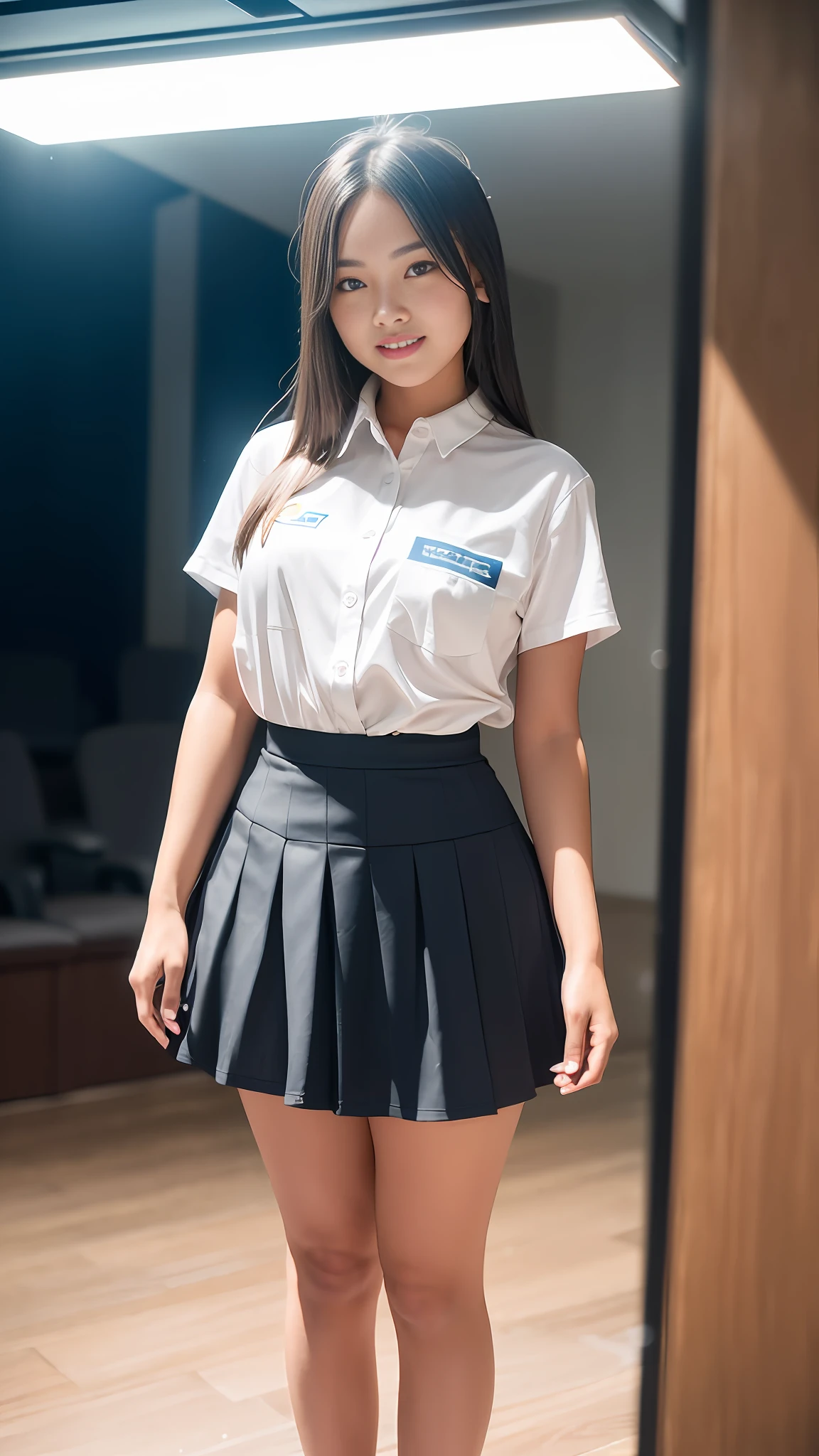 Highest quality, full body detail, golden ratio, (theater lighting: 0.7), masterpiece, viewer angle shot, (18 year old Filipina girl AndreaLee), looking straightysreriously happy, standing on the floor (wearing wet school uniform) pulling her skirt down her under wear, curvy full body portrait, perfect face, amazing eyes, vivid details, (highly detailed skin), accent lighting (backlight: 0.5), depth of field, iPhone 6, 50mm lens, f/4 aperture, (super detail), sharp focus, soft colors, 8k , conscious, 8mm film grain, war photography, angle up shot