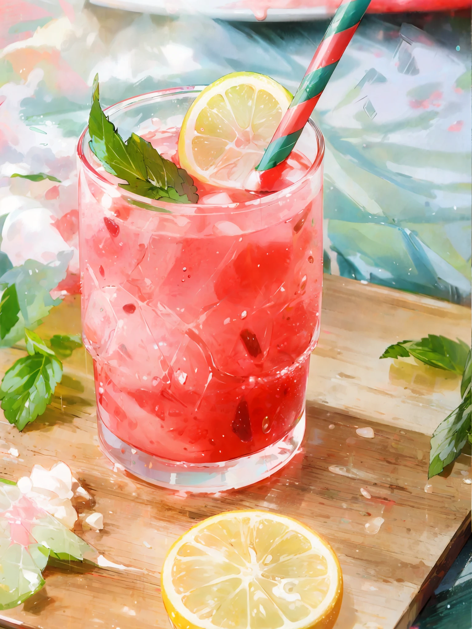 A glass of watermelon juice, pink, frozen effect, on a wooden tray, next to two lemons and mint leaves, green and red straws, super realistic food image, full theme shown in photo,, Randy Post , hyper realistic &quot;, hyper realistic&quot;, high res photo