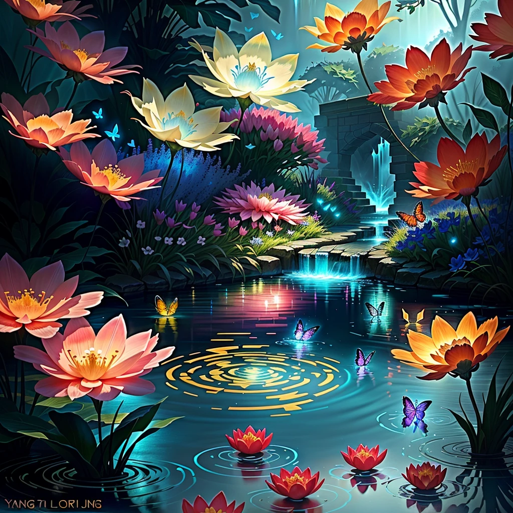 brightly lit flowers and butterflies in a pond of water, league of legends concept art, floral environment, concept art magical highlight, glowing flowers, by Yang J, 🌺 cgsociety, riot games concept art, magical fairy background, relaxing concept art, beautiful digital painting, luminous flowers, league of legends splash art, glowing lights! digital painting, glowing butterflies, magical flowers