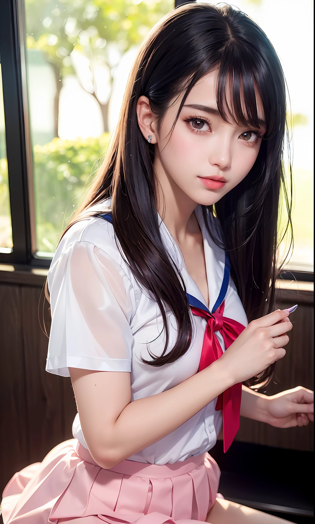 (8k, RAW photo, photorealistic:1.25) ,( lipgloss, eyelashes, gloss-face, glossy skin, best quality, ultra highres, depth of field, chromatic aberration, caustics, Broad lighting, natural shading,Kpop idol) looking at viewer with a serene and goddess-like happiness, highschool classroom, sailor uniform, mini skirt