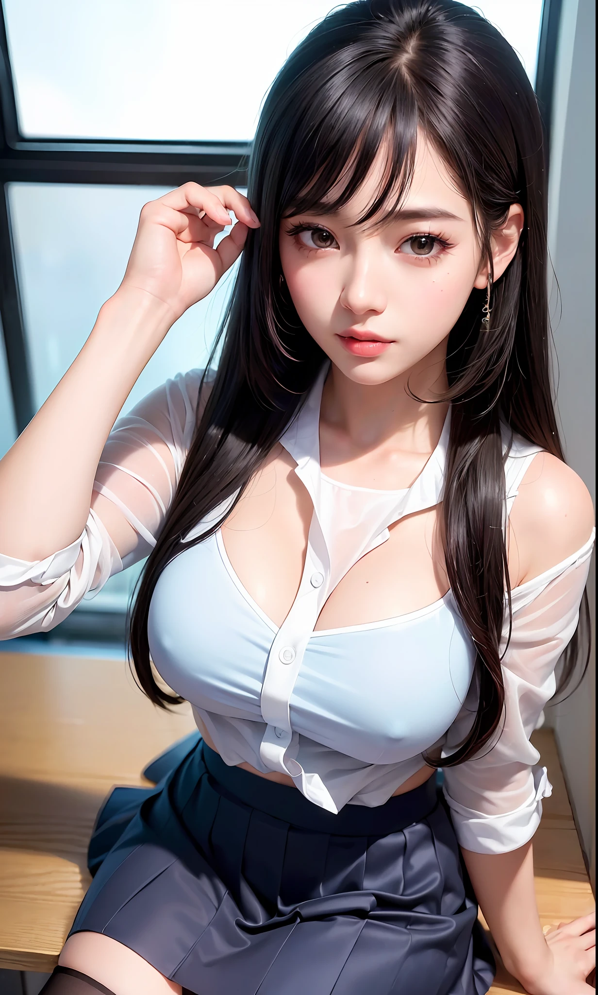 (8k, RAW photo, photorealistic:1.25) ,( lipgloss, eyelashes, gloss-face, glossy skin, best quality, ultra highres, depth of field, chromatic aberration, caustics, Broad lighting, natural shading,Kpop idol) looking at viewer with a serene and goddess-like happiness, highschool classroom, sailor uniform, mini skirt