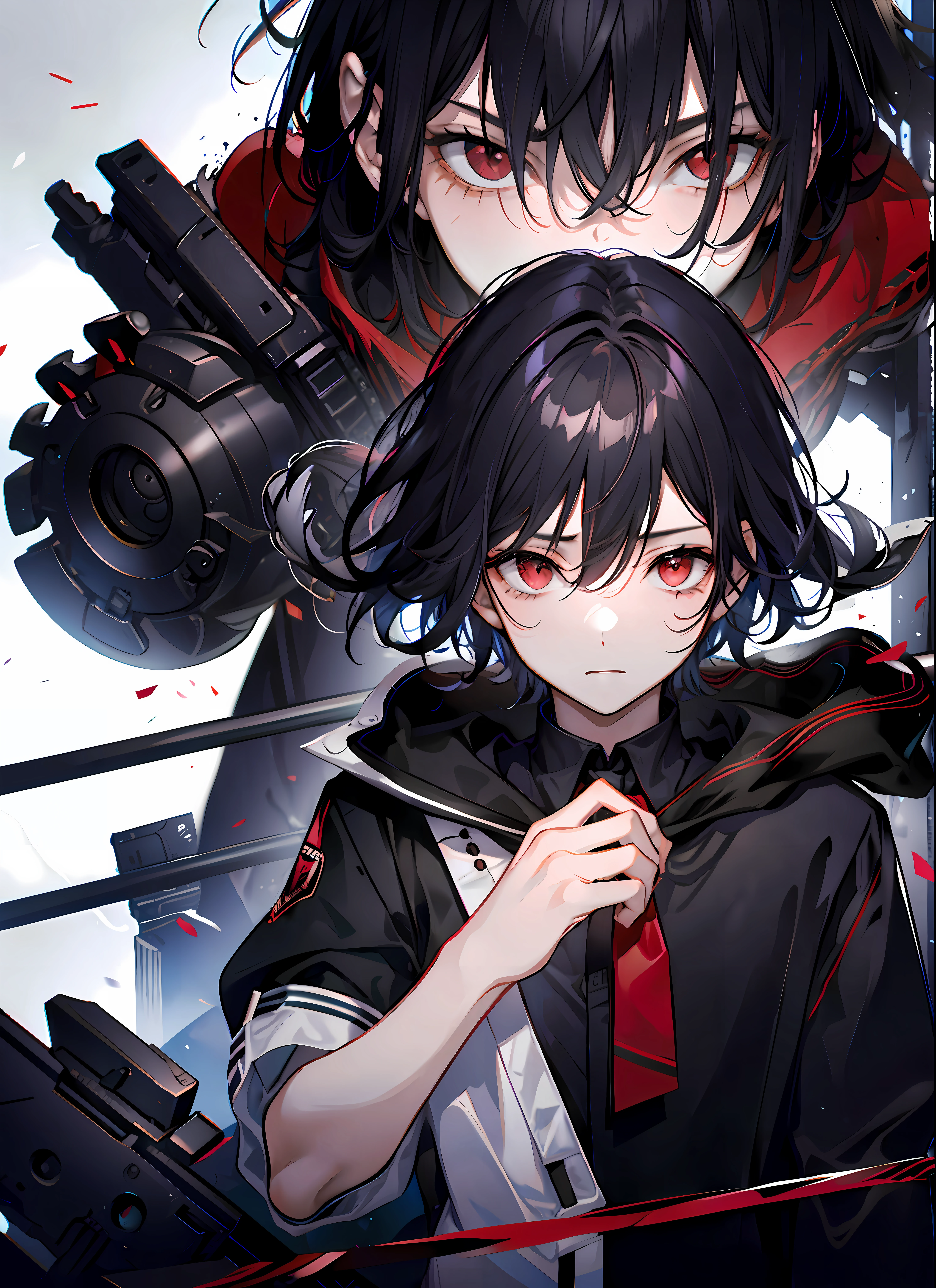 Young men, black hair, black cloth, red eyes, high resolution, holding gun, cry, dark skin, short Curly hair, standing, look front, tear, head only, mysterious,