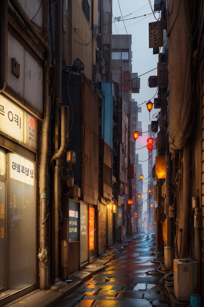 lonely narrow ally in Seoul, cyberpunk city from sci-fi movie, empty street, night, Korean, Korean signs, old shops, cozy, circuit boards, wires, intricate, hyper-detailed, realistic, ultra-realistic, high quality, best, ultra detail, crazy detail, extremely detailed, photo realism, 8k