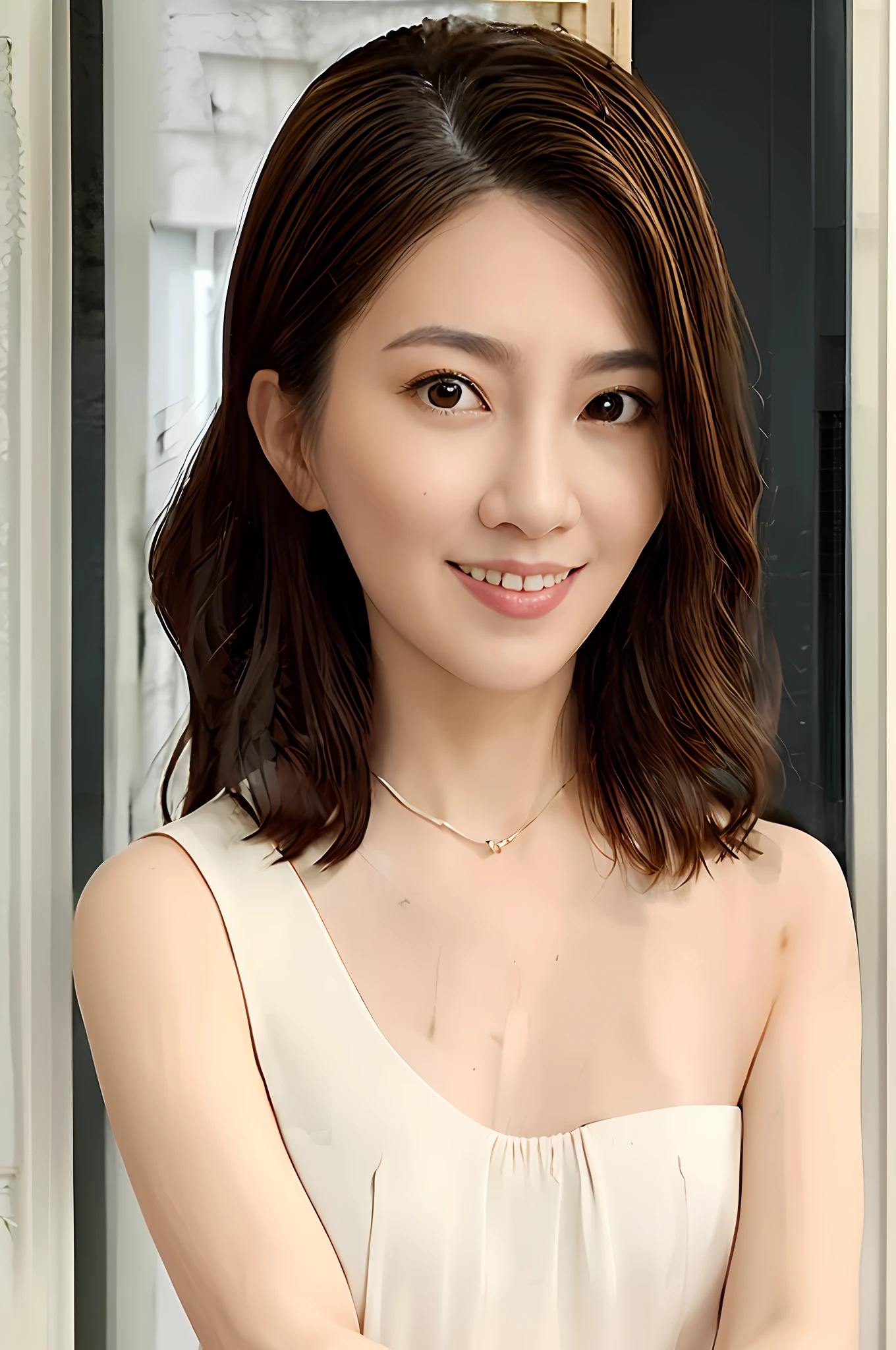 Gentle and charming Chinese beautiful woman, half body photo, delicate and sexy collarbone, charming oval face, double eyelids, smart peach blossom eyes, pink lips, small upturned nose, bare shoulders, focused face, face close-up, ultra-high-definition, Ultra-detailed and elegantly sculpted, the dramatic and sculptural 'Elina' dress is cut from black and cream satin-twill and has an oversized bow-shaped bodice that's sure to wow you from the start. It has an elegant off-the-shoulder neckline and puffed sleeves for a feminine touch.