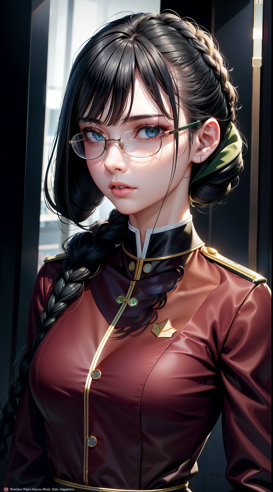 Beautifully detailed delicate face, beautiful detailed delicate eyes, perfect facial proportions, high-detailed skin, fine skin, best ratio four fingers to one thumb, masterpiece, detail High resolution, realistic, matching hair style and face shape, highest facial resolution, adult, modestly dressed woman, fully dressed, small, black hair, black braids, bangs, red glasses, dark green eyes, army, professor, academic uniform, scientist uniform, red shirt, white shirt, future world, science fiction, futuristic city, hi-tech city, government agency, personality profoundly intelligent, discreet expression, respectful face, war, fighter plane