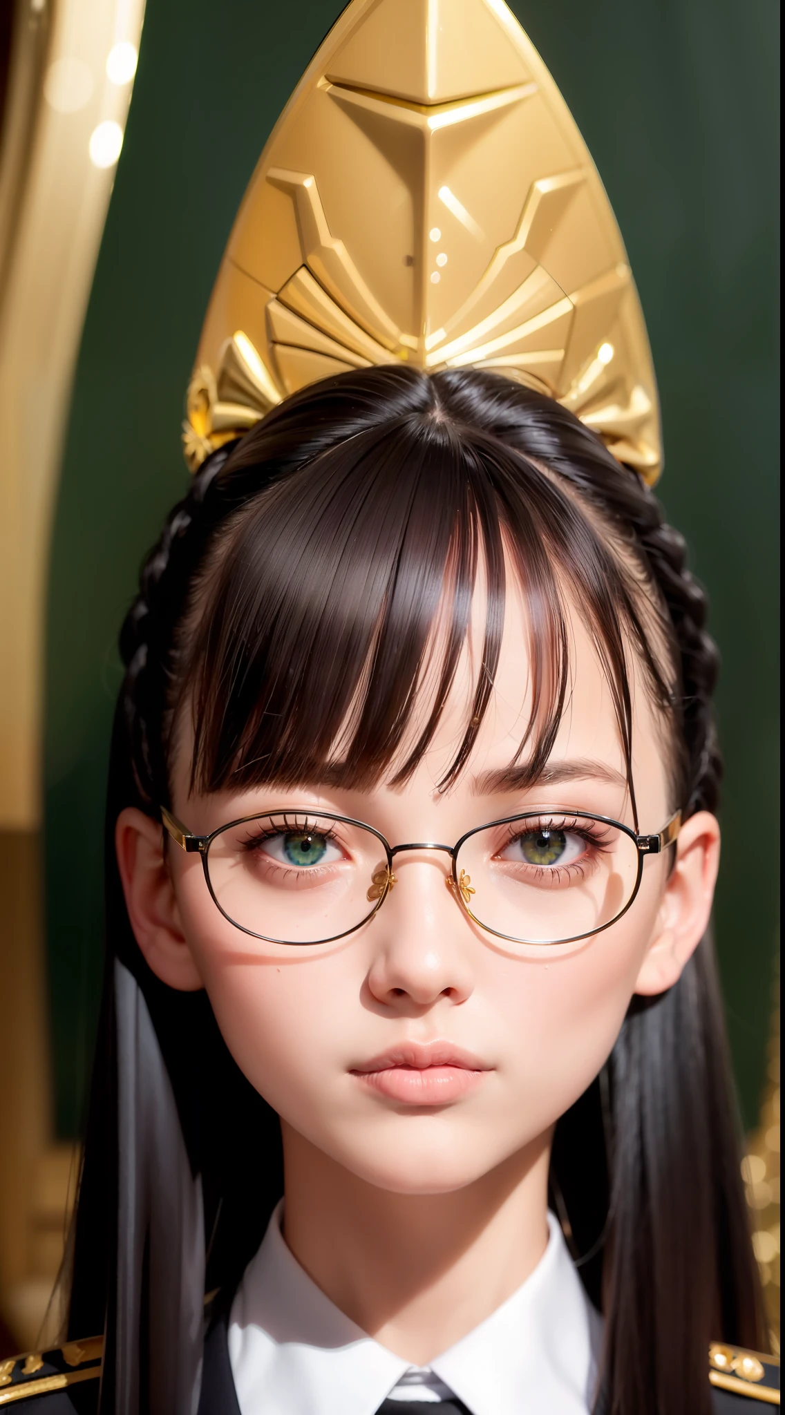 Beautifully detailed delicate face, beautiful detailed delicate eyes, perfect facial proportions, high-detailed skin, fine skin, best ratio four fingers to one thumb, masterpiece, detail High resolution, realistic, matching hair style and face shape, highest facial resolution, adult, modestly dressed woman, fully dressed, small, black hair, black braids, bangs, red glasses, dark green eyes, army, professor, academic uniform, scientist uniform, red shirt, white shirt, future world, science fiction, futuristic city, hi-tech city, government agency, personality profoundly intelligent, discreet expression, respectful face, war, fighter plane