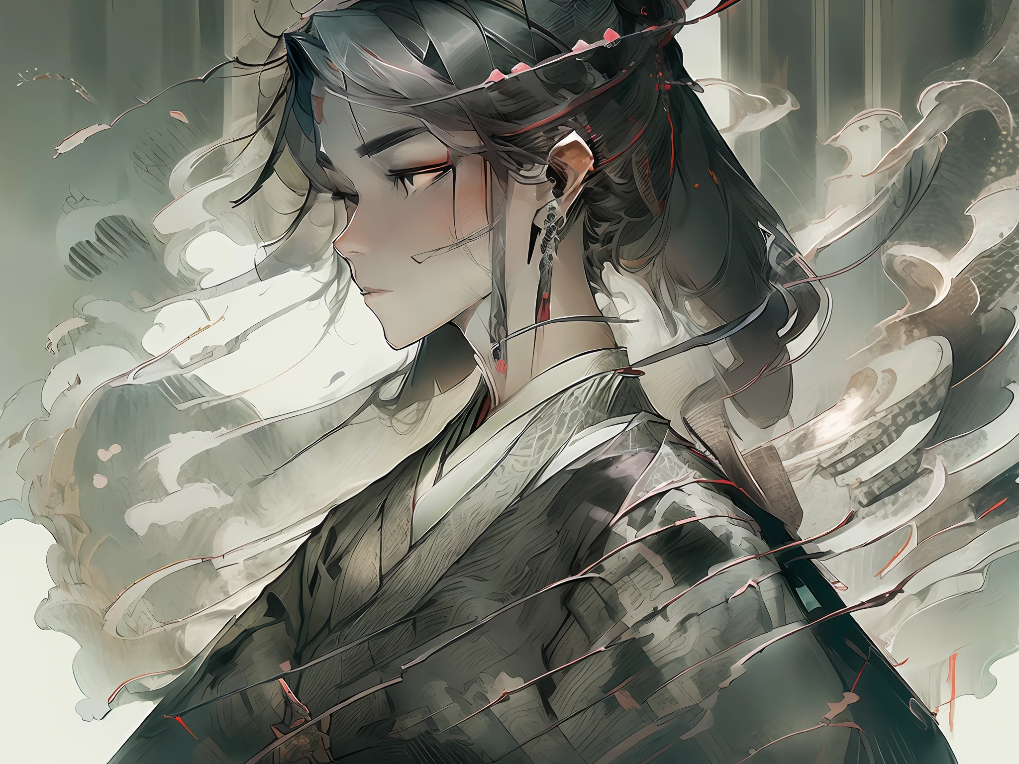 1 boy, ancient chinese male, grey | dark clothes ,unlight, (handsome and delicate face),(russ mills style), (tang dynasty), anime, mythical wind, dark grey, hiroshi yoshida, gauze,hanfu,upper body,fiber manipulation, woven designs,--v6