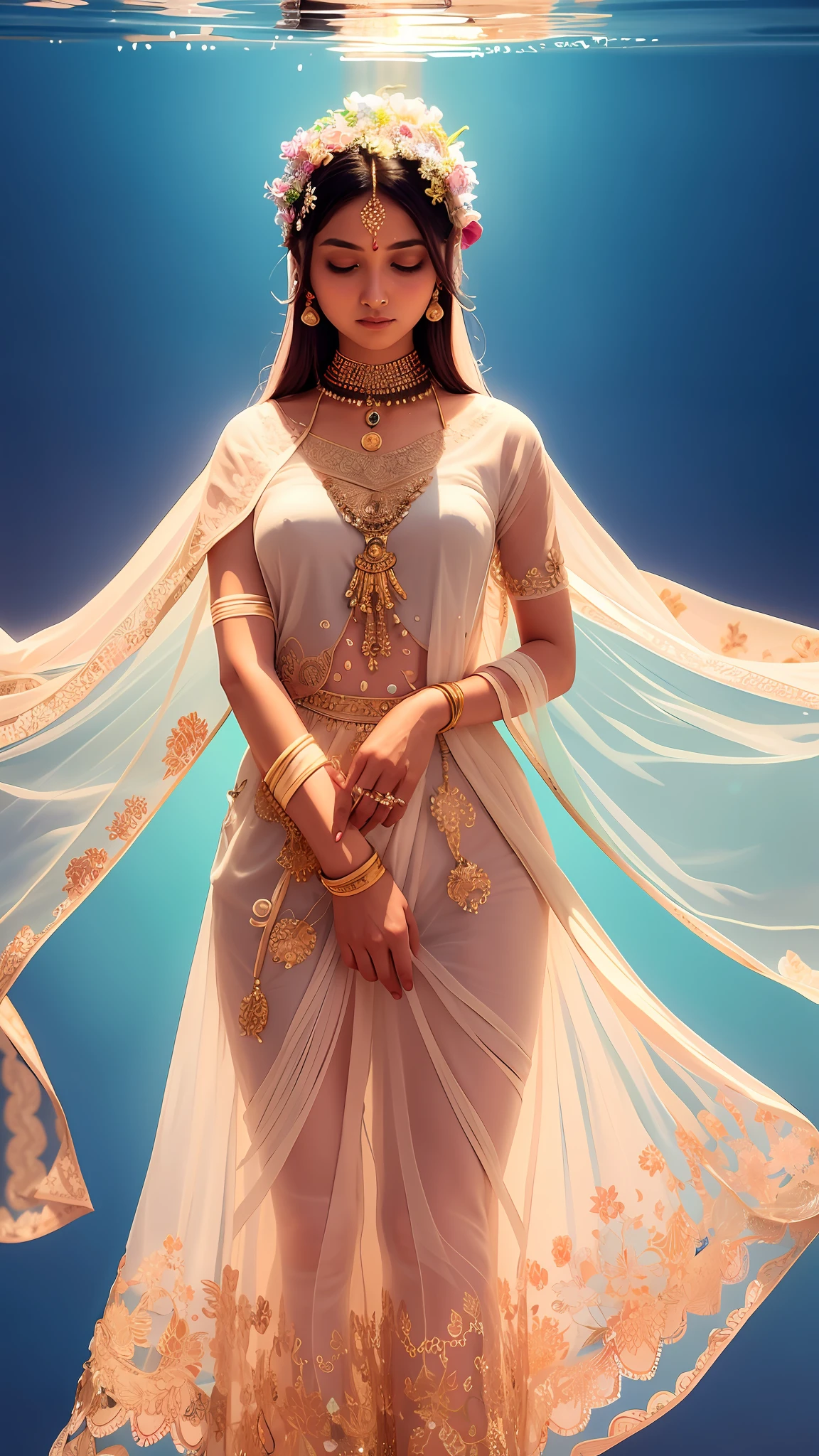 An ultra-detailed and delicate illustration of a indian women dressed in a beautiful and intricate floral outfit floating in a tranquil and dreamy watercolor landscape with vibrant colors and a soft and luminous illumination.