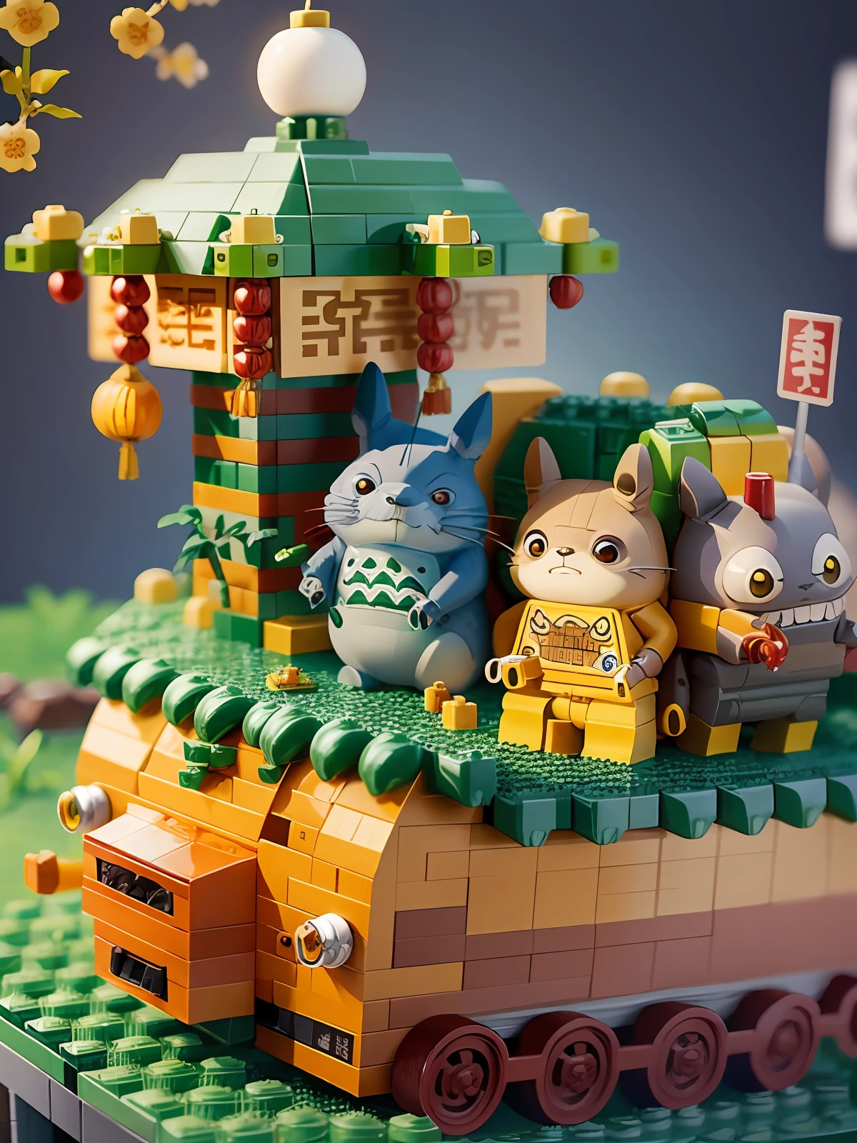 totoro catbus postcard, LEGO chinese new year scene, highly detailed, ultra high resolution, 8K UHD --v 6