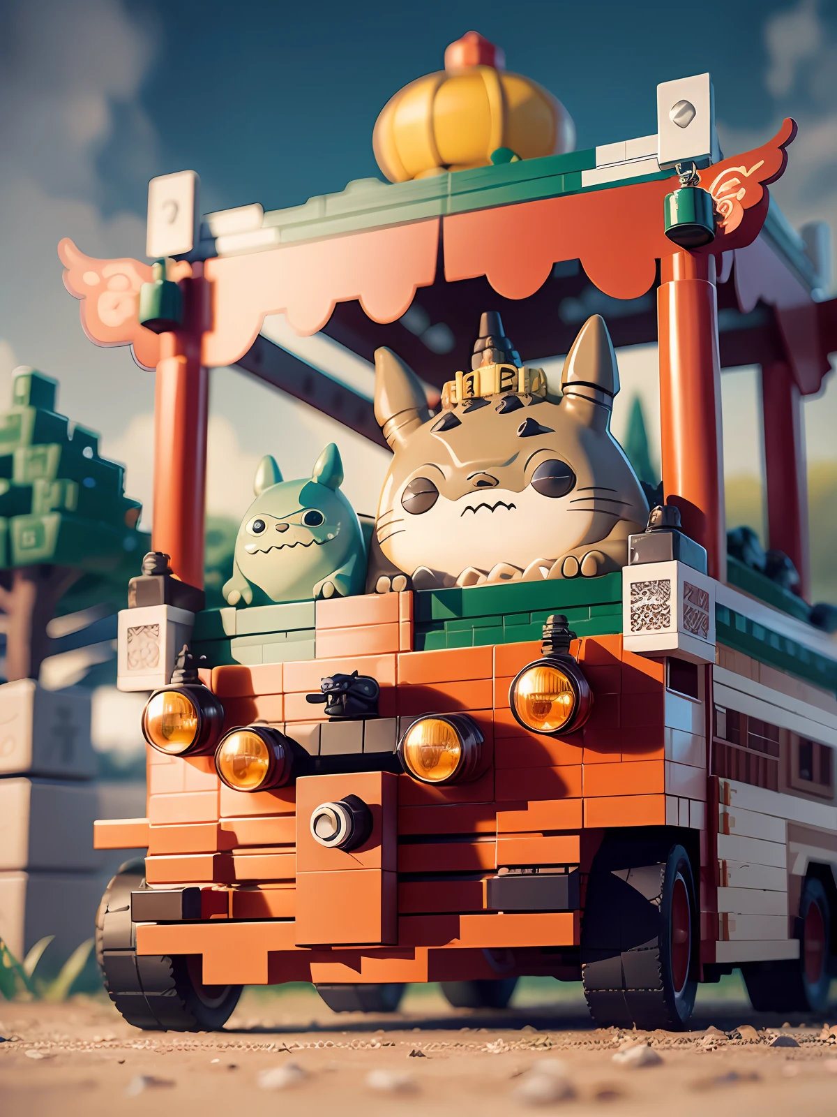 totoro catbus postcard, LEGO chinese new year scene, highly detailed, ultra high resolution, 8K UHD --v 6