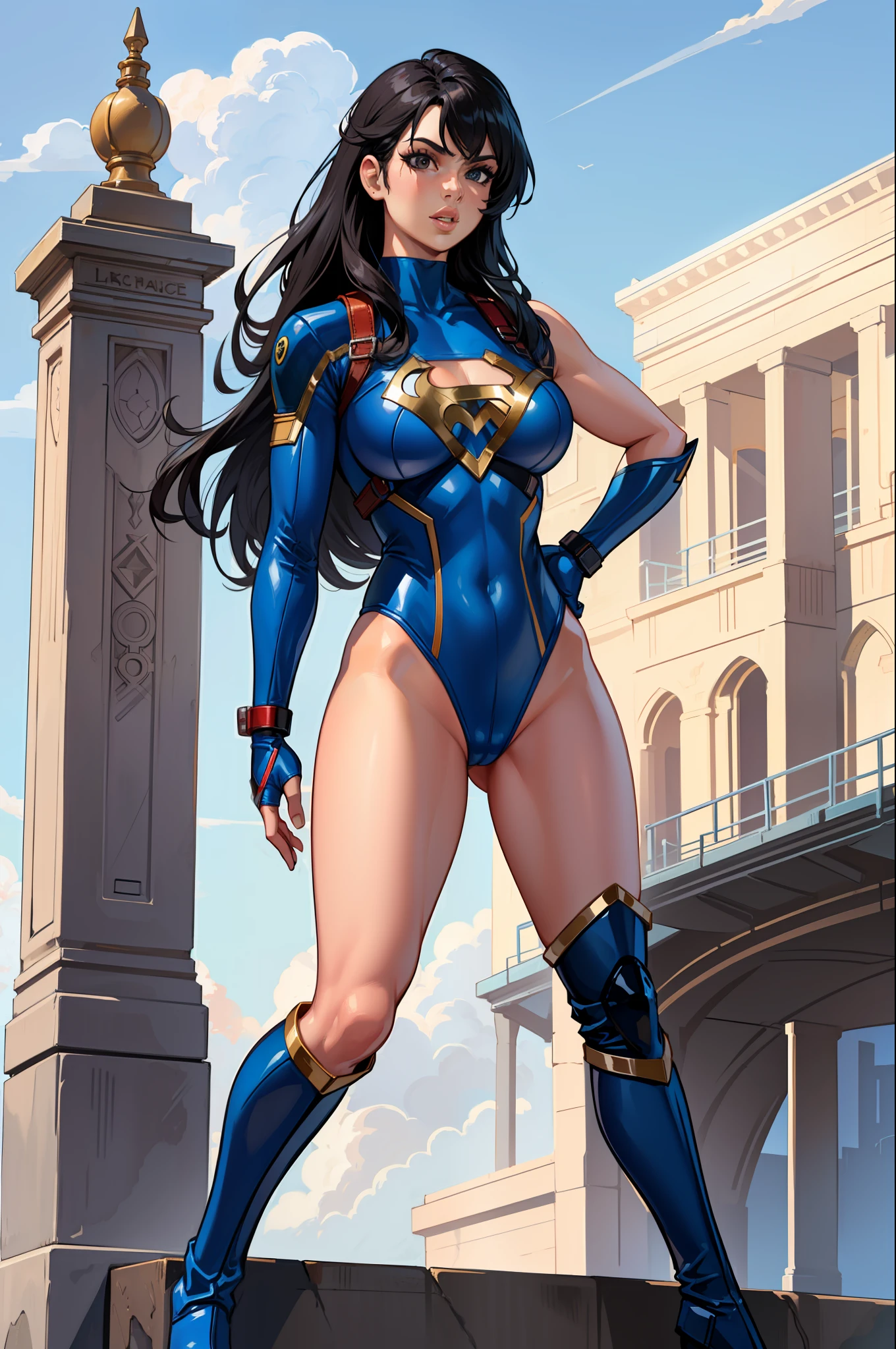 masterpiece, best quality, female, superhero, leotard, bare legs, boots, standing, matching boots